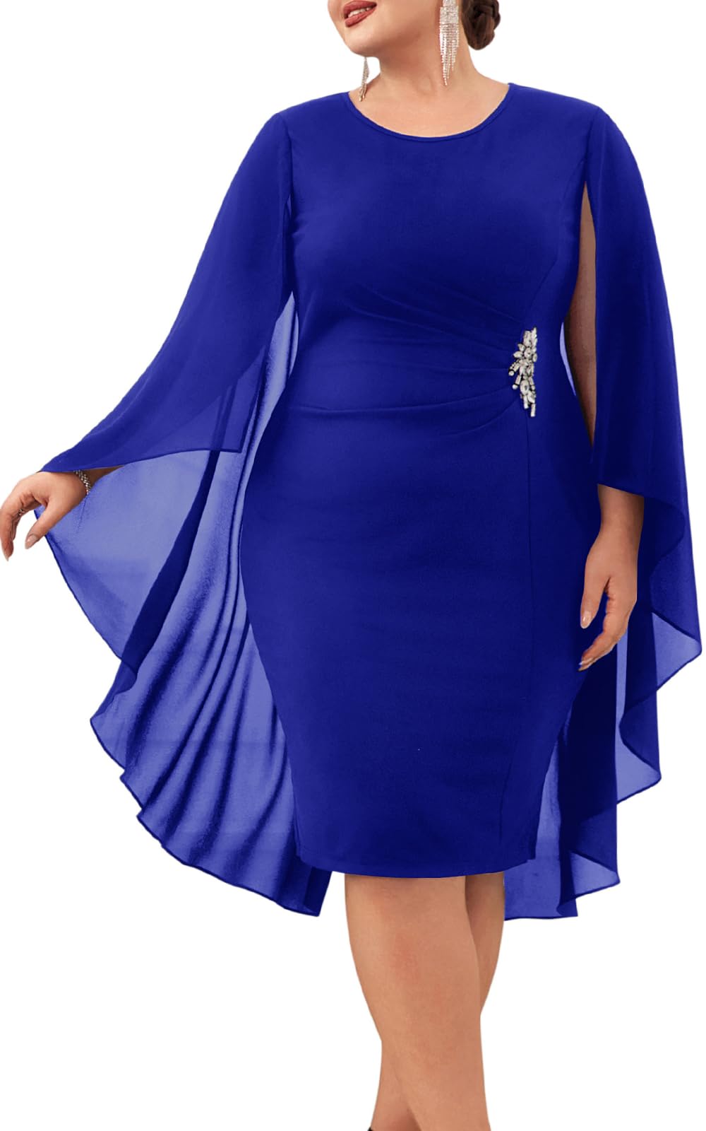 Hanna Nikole Women's Plus Size Chiffon Cape Dress - Crew Neck Ruched Bodycon Cocktail Pencil Dress for Wedding Guest, Party & Special Occasions