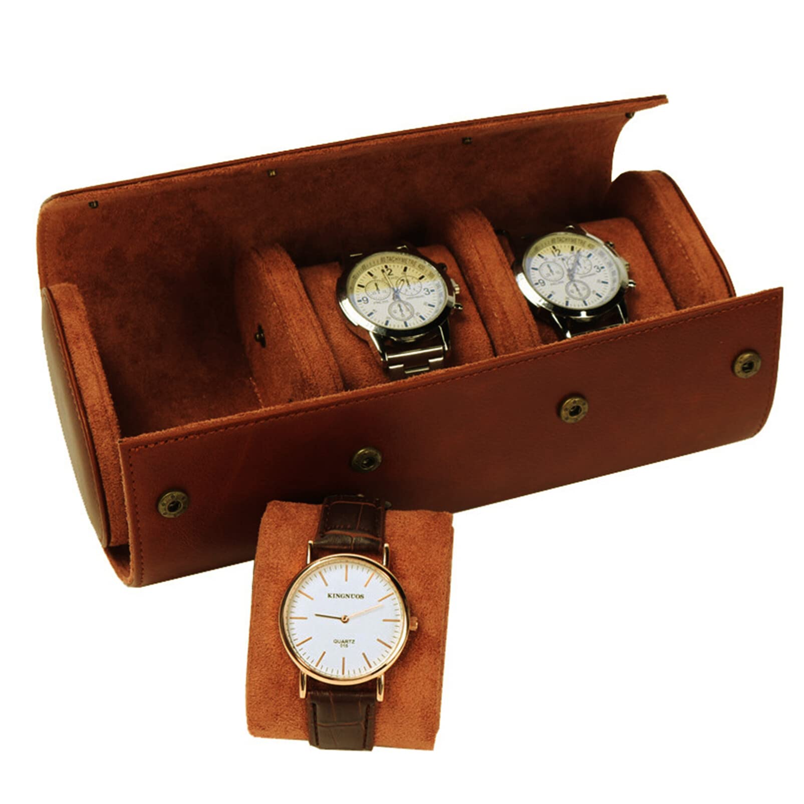 Totority 3-Slot Round Watch Box - PU Leather Travel Watch Organizer Case with Elastic Straps | Perfect for Home Storage, Travel & Jewelry Display