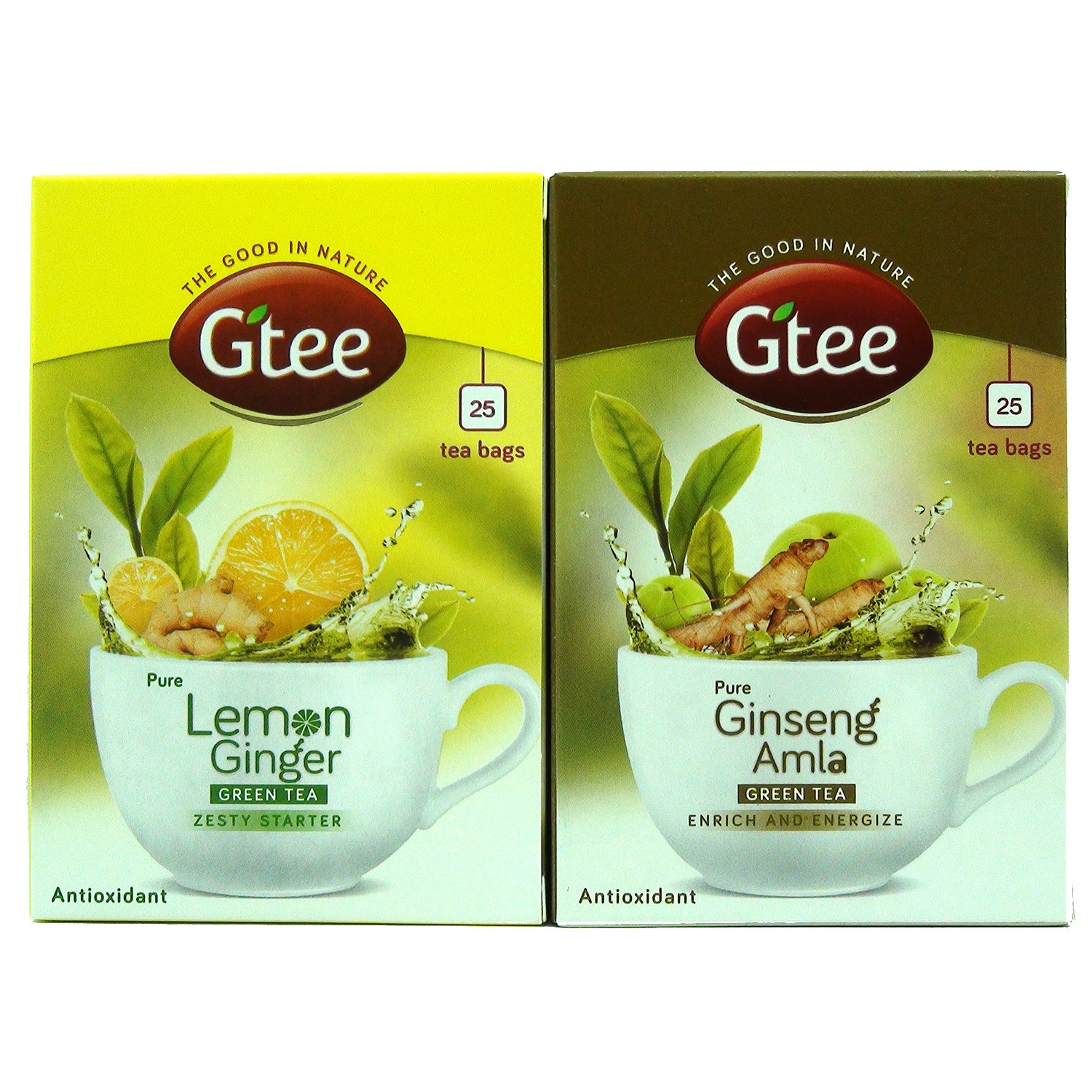 Organic GTEE Green Tea Bags with Lemon, Ginger & Ginseng - 50 Count (2 Packs of 25) - Herbal Detox Tea for Weight Loss, Digestion & Immunity Boost - Perfect for Morning Energy or Evening Relaxation