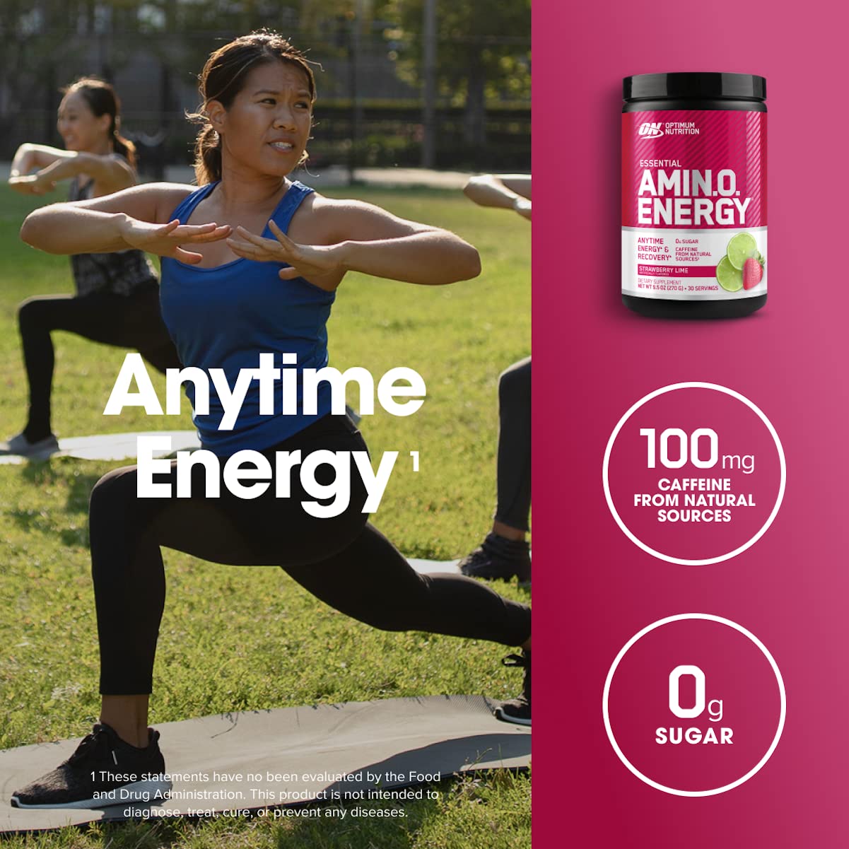 Optimum Nutrition Amino Energy Pre Workout Powder - Keto Friendly with Green Tea, BCAA, Amino Acids & Green Coffee Extract - Strawberry Lime Flavor (30 Servings) | Boost Energy & Performance for Gym, Running & Fitness Training