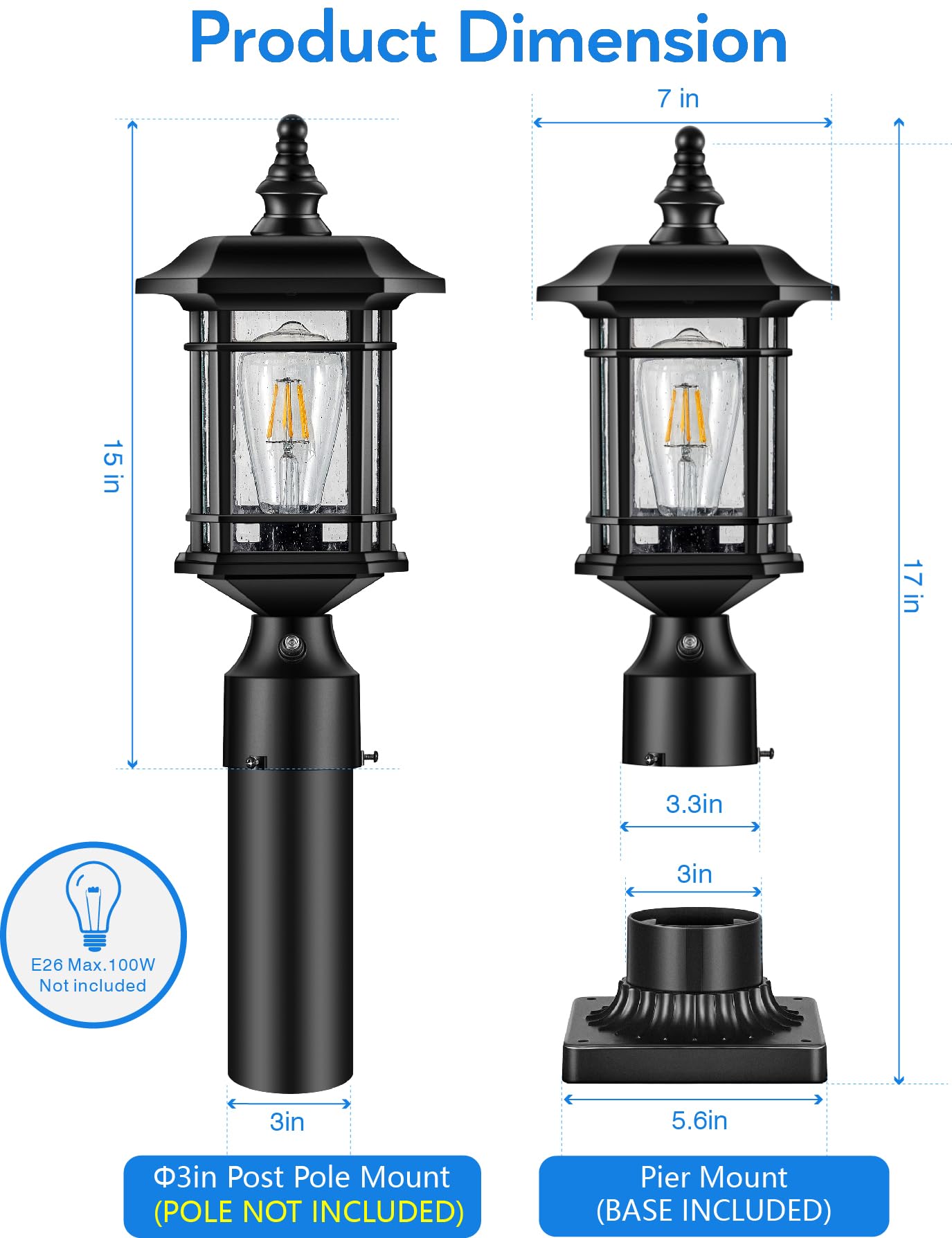VIANIS Black Outdoor Post Lights - Dusk to Dawn LED Lantern with Pier Mount Base, Waterproof Aluminum Fixture & Tempered Seeded Glass - Perfect for Patio, Garden, Driveway, Walkway, and Front Yard Lighting