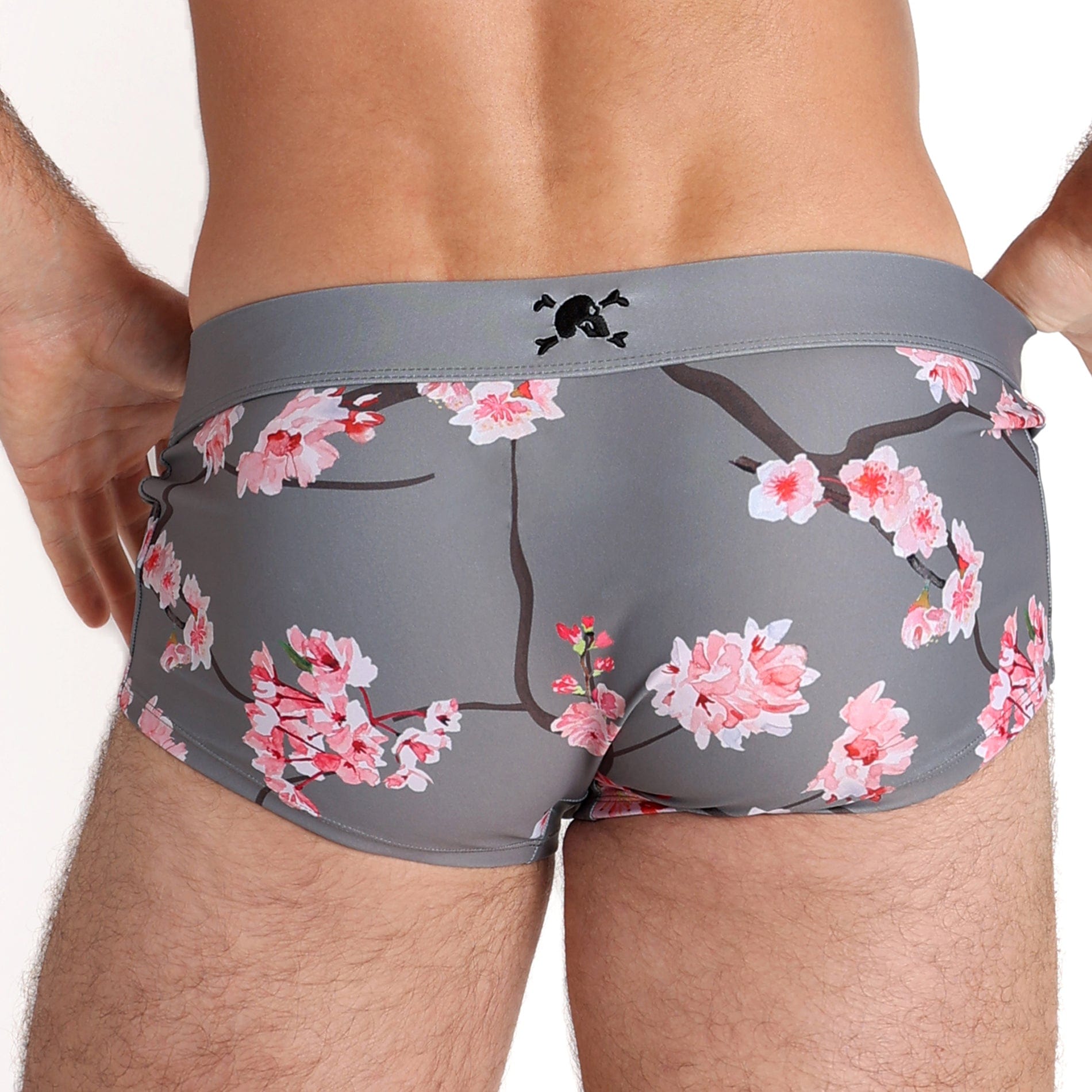 Men's Quick-Dry Cherry Blossom Print Swim Trunks - Lightweight Beach Shorts for Swimming, Surfing & Summer Vacation | Grey Floral Design