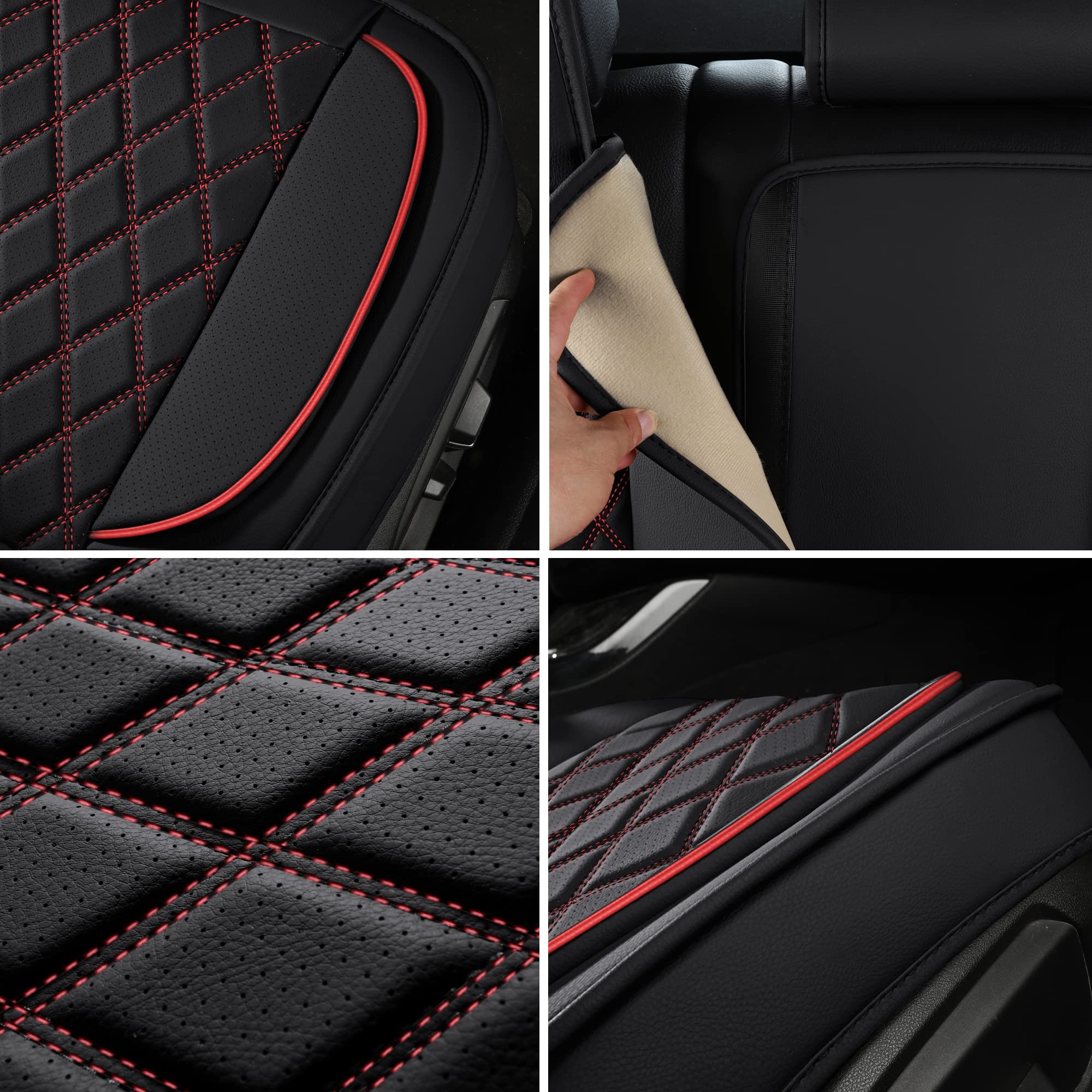 Premium Red Faux Leather Car Seat Covers - Universal Fit for Sedan, SUV & Trucks - Diamond Pattern Auto Interior Protector (Rear Seat, Red Stitching) - Perfect for Road Trips & Daily Commute