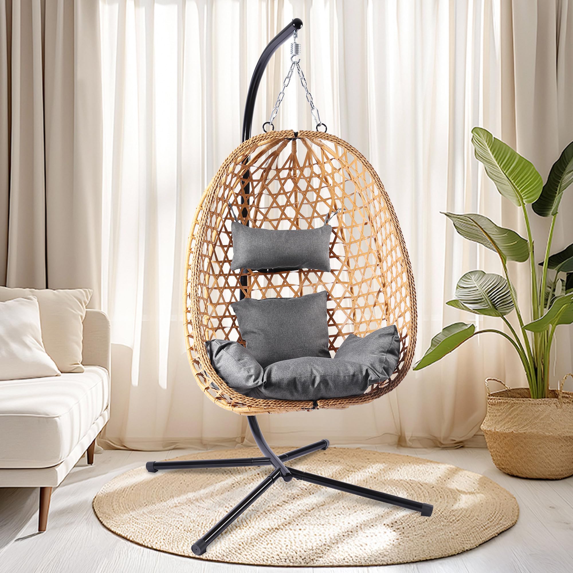 Egg Chair with Stand - Patio Wicker Hanging Swing Chair - 350LBS Capacity Hammock for Indoor & Outdoor Use - Perfect for Bedroom, Balcony, Garden, and Backyard Relaxation (YE-GR)