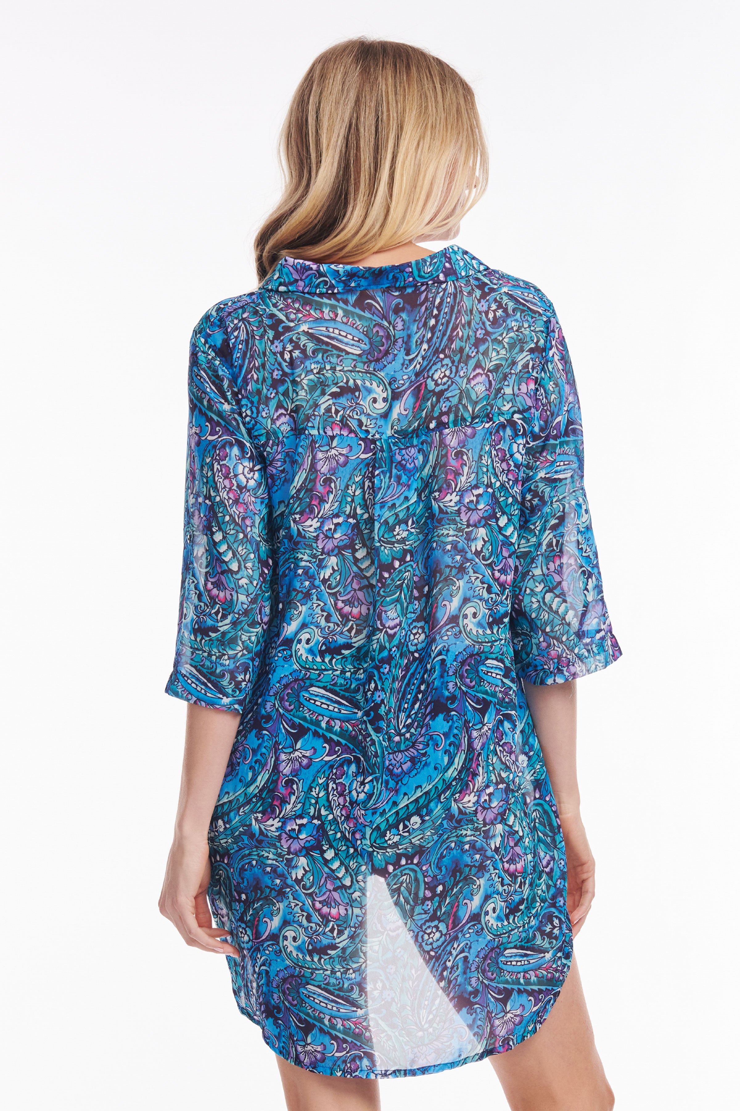 Stylish Collared Pullover Tunic Coverup - Floral Paisley Print in Sea Breeze Blue | Perfect for Beach Cover-ups, Resort Wear & Casual Summer Outfits