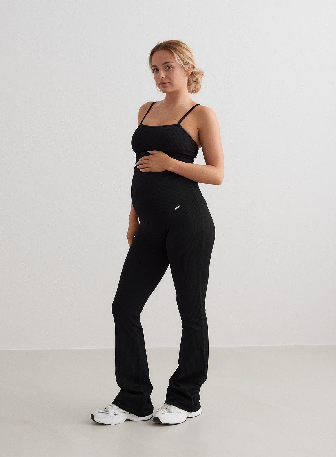 Black Ribbed Seamless Flare Maternity Tights - Stretchy Pregnancy Leggings for Comfort & Style - Perfect for Yoga, Workouts & Everyday Wear During Pregnancy