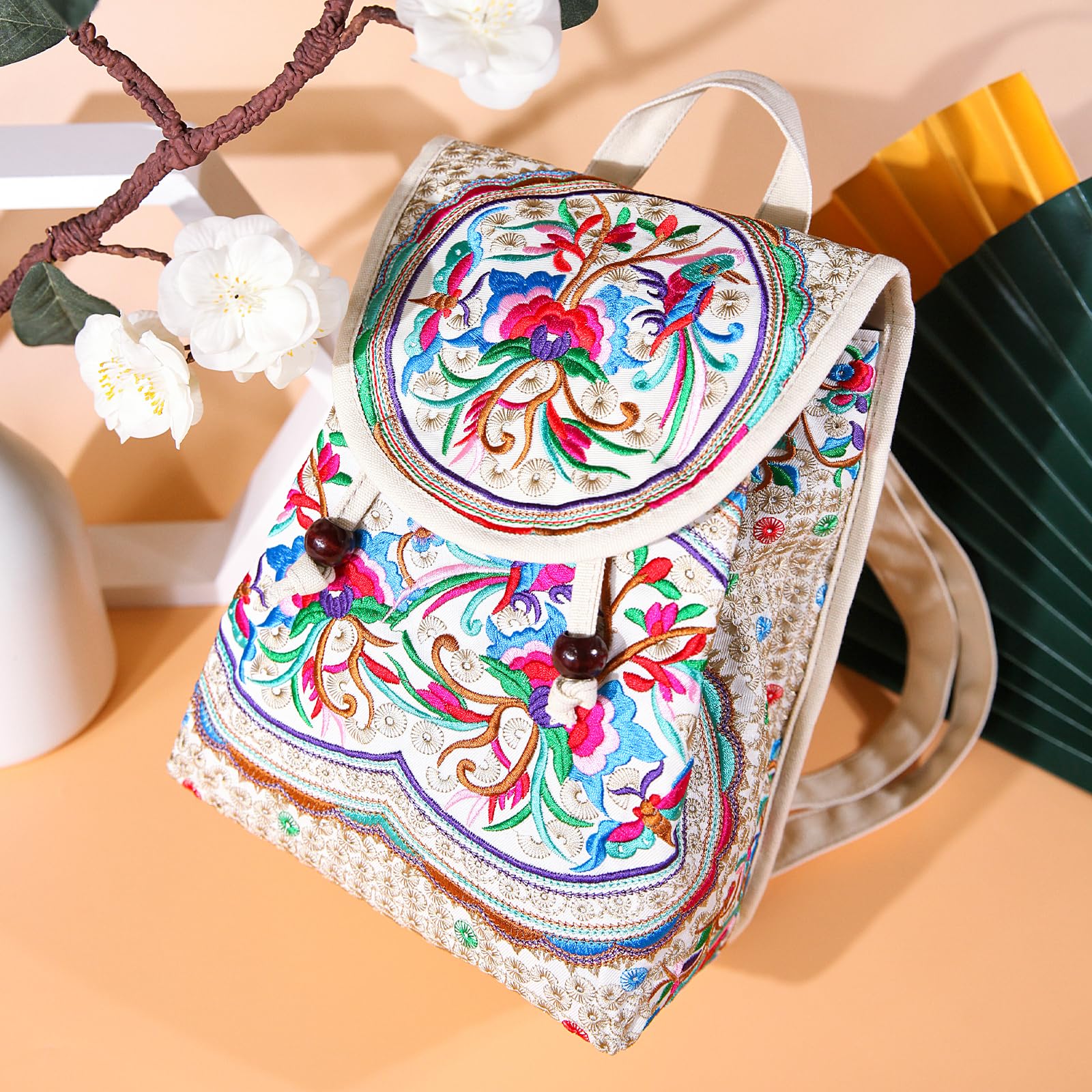 Vintage Embroidered Women's Backpack - Boho Ethnic Travel Handbag & Shoulder Bag in Beige | Perfect for Travel, Hiking, and Everyday Use