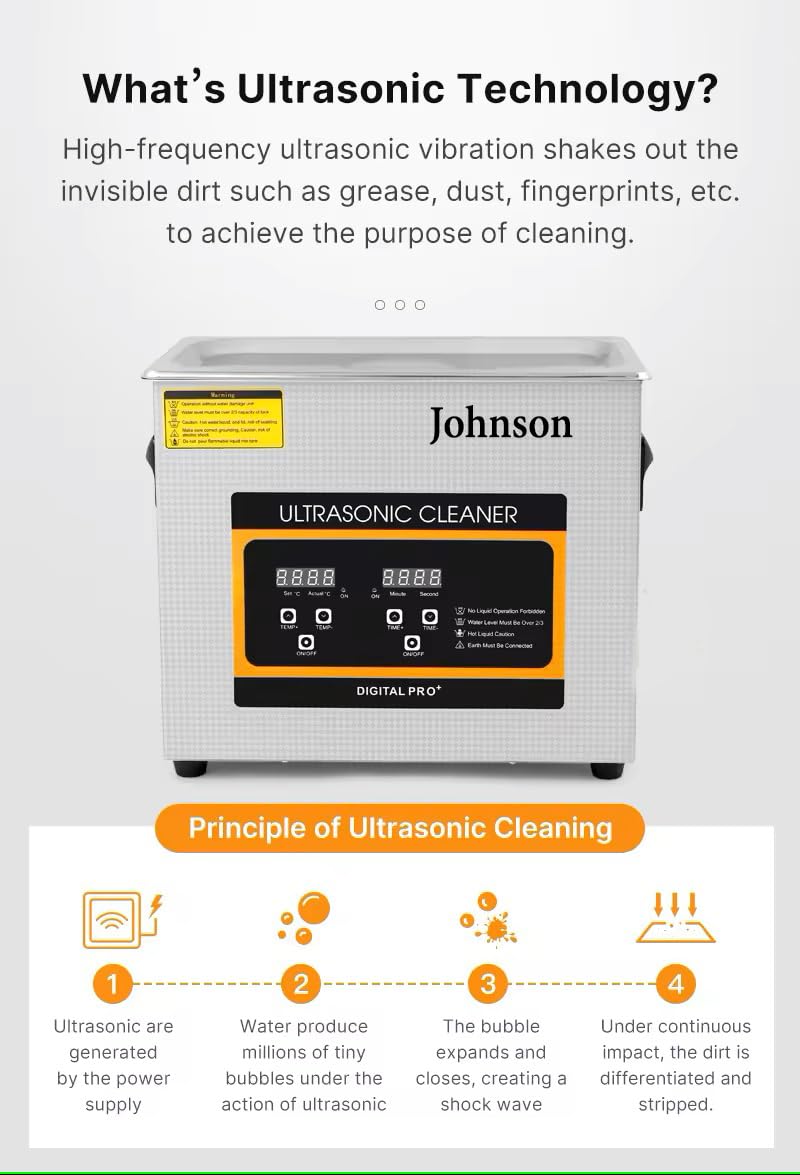 Johnson Professional 4.5L Ultrasonic Cleaner with Digital Timer & Heater - 40kHz Jewelry, Denture, Watch & Eyeglass Cleaner for Home & Clinic Use - Perfect for Cleaning Rings, Bracelets, Retainers & Small Electronics