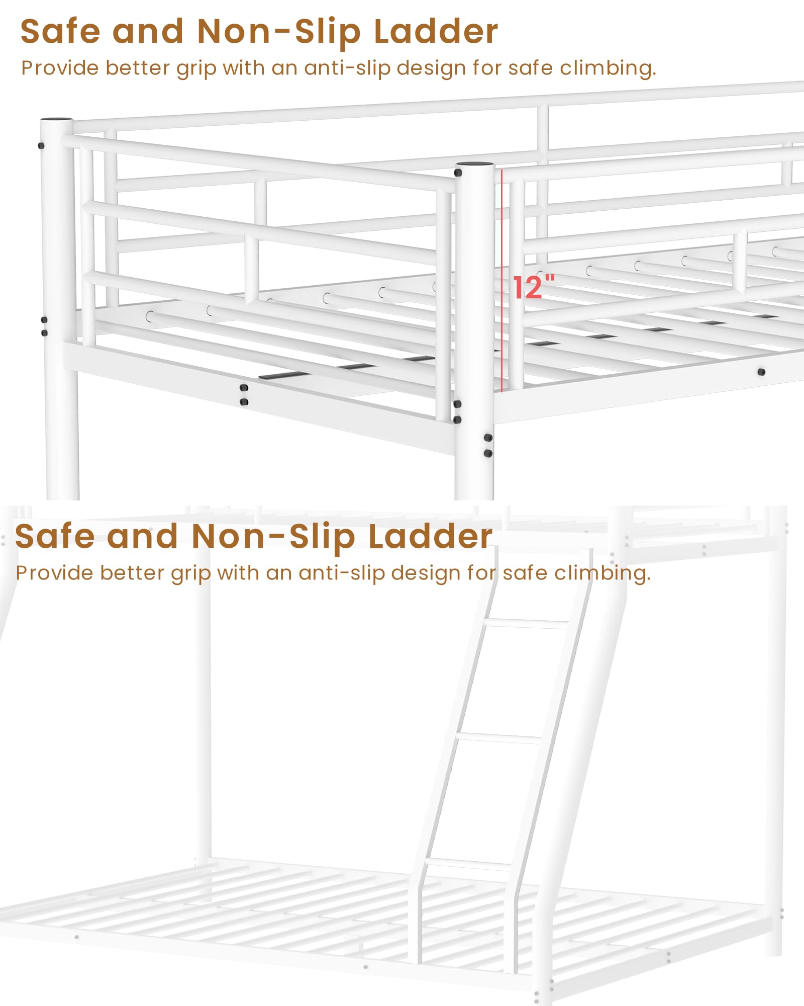 Twin Over Full Metal Bunk Bed - Heavy Duty Full Size Bed Frame with Safety Guardrails & Ladder | Space Saving Bunk Bed for Kids, Teens & Adults | No Box Spring Needed | Perfect for Small Rooms, Dorms & Guest Rooms (White)