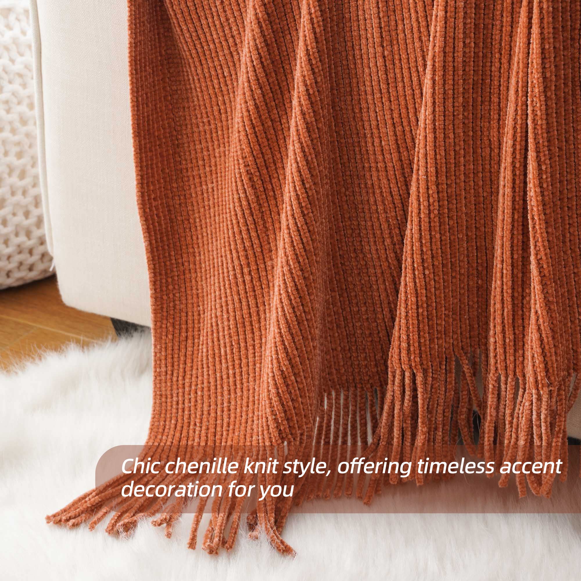 BATTILO HOME Rust Orange Chenille Knit Throw Blanket with Tassels - 50