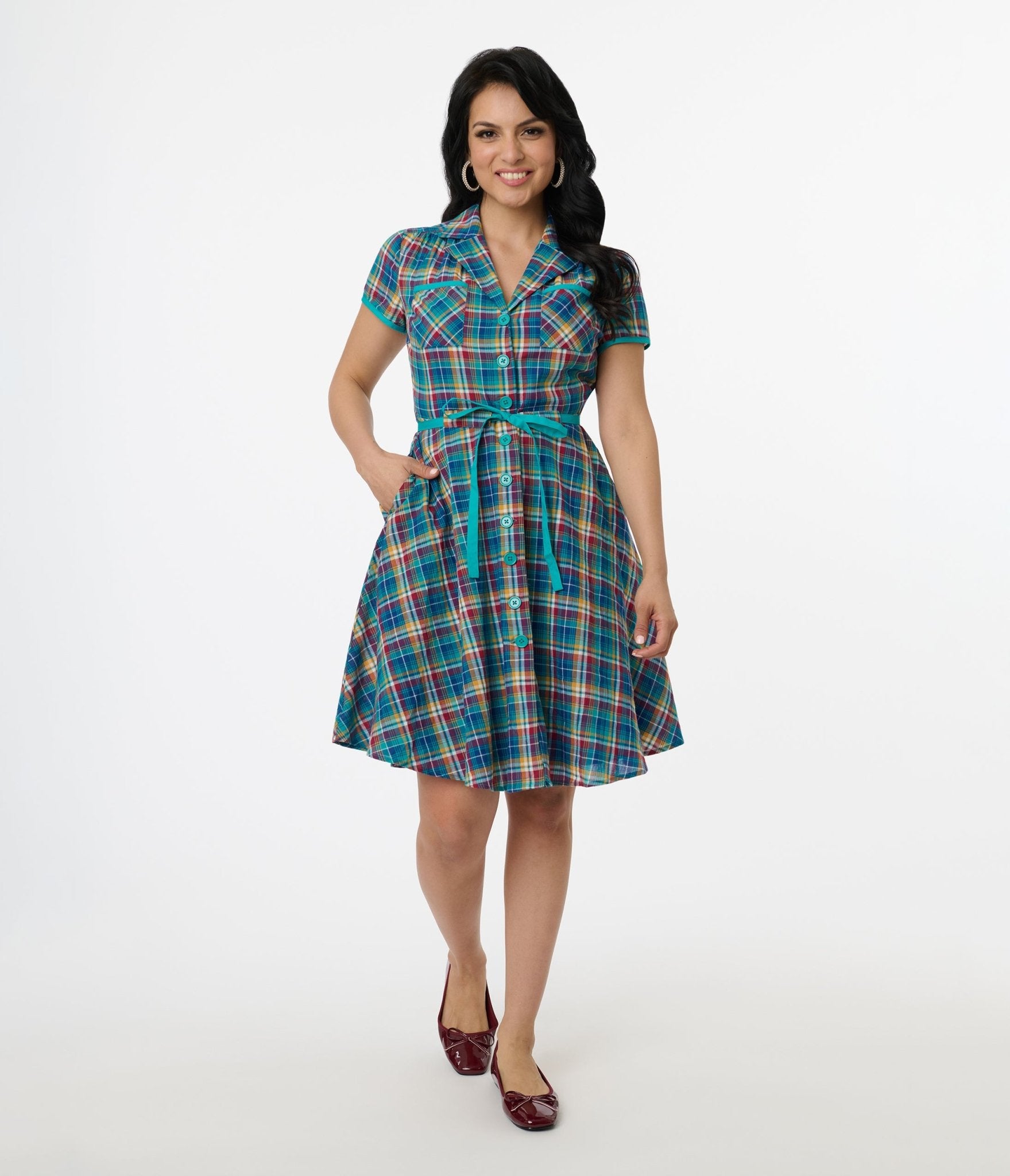 Vintage 1960s Teal Madras Fit & Flare Dress by Smak Parlour - Retro Party, Cocktail & Special Occasion Outfit