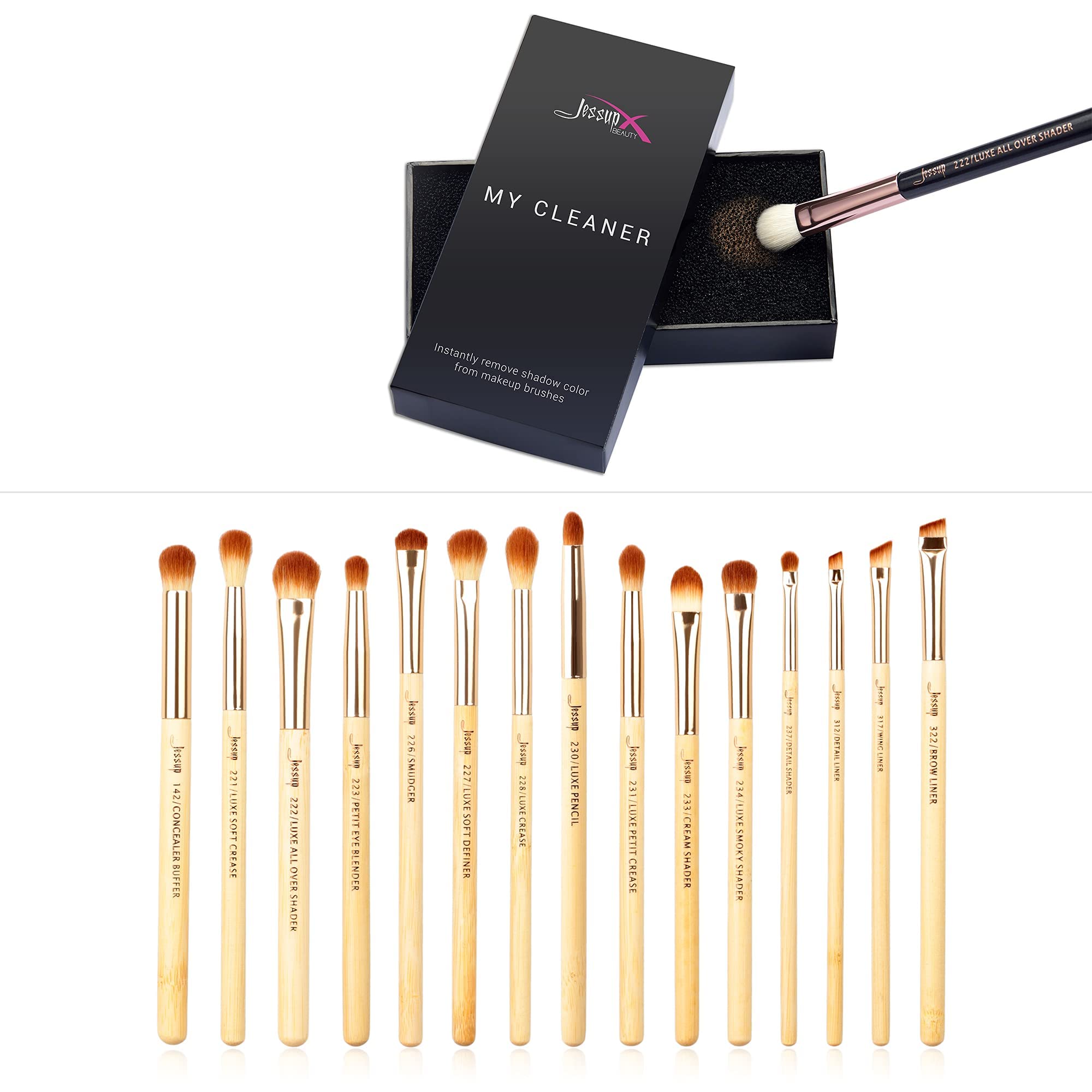 Jessup 15-Piece Professional Eye Makeup Brush Set with Free Makeup Brush Cleaner - Perfect for Eyeshadow, Eyeliner & Eyebrow Makeup Application