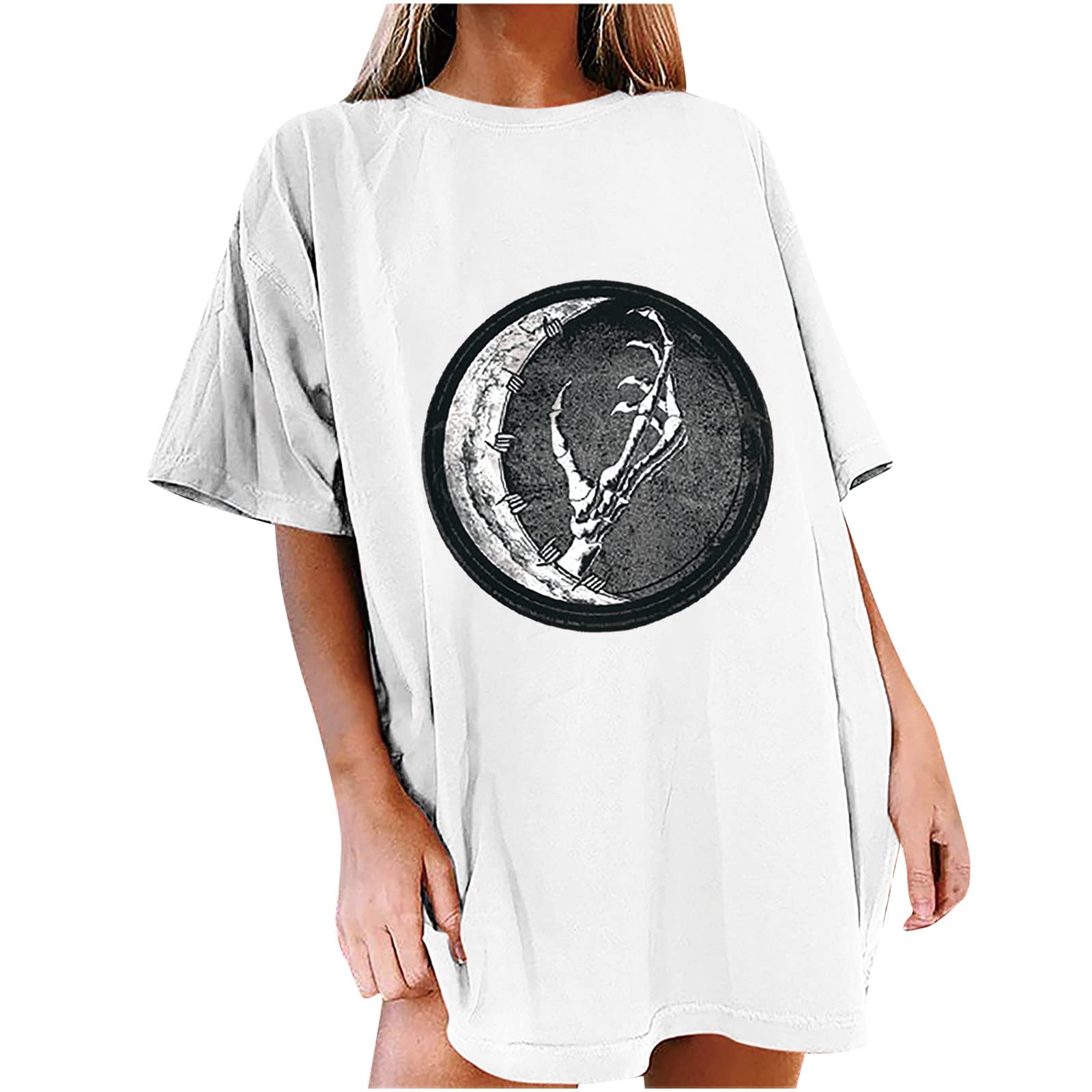 Oversized Summer Tops for Women - Short Sleeve O-Neck T-Shirts with Moon & Skeleton Print - Casual Loose Pullover Blouse - Perfect for Beach, Vacation & Everyday Wear