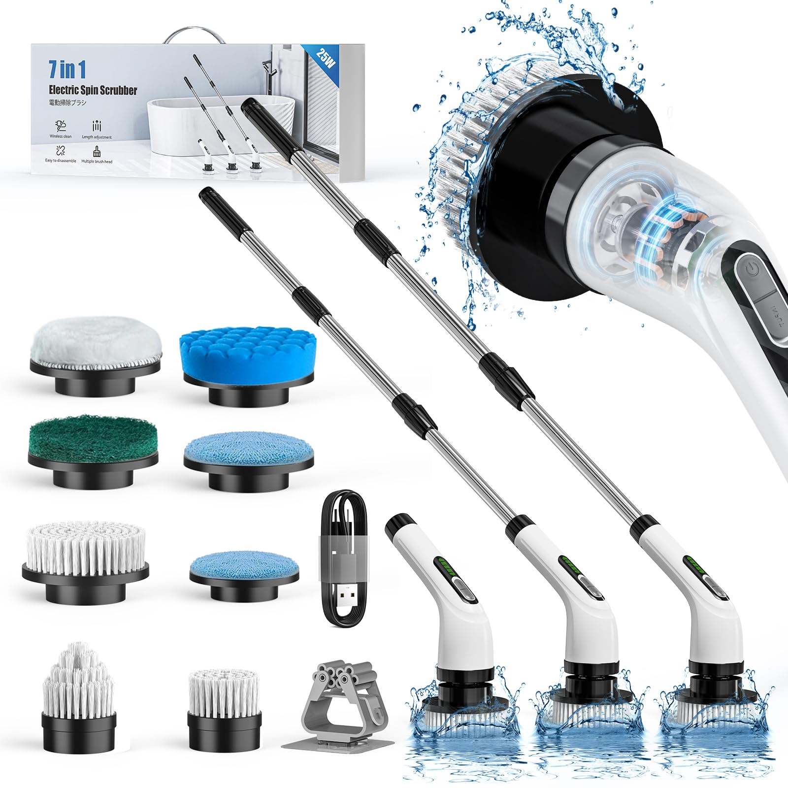 Electric Spin Scrubber with 8 Brush Heads - IPX7 Waterproof Shower Cleaner, Cordless Bathroom & Kitchen Cleaning Brush with LCD Display & Adjustable Handle - Perfect for Tile Grout, Bathtubs, Sinks and Stove Tops
