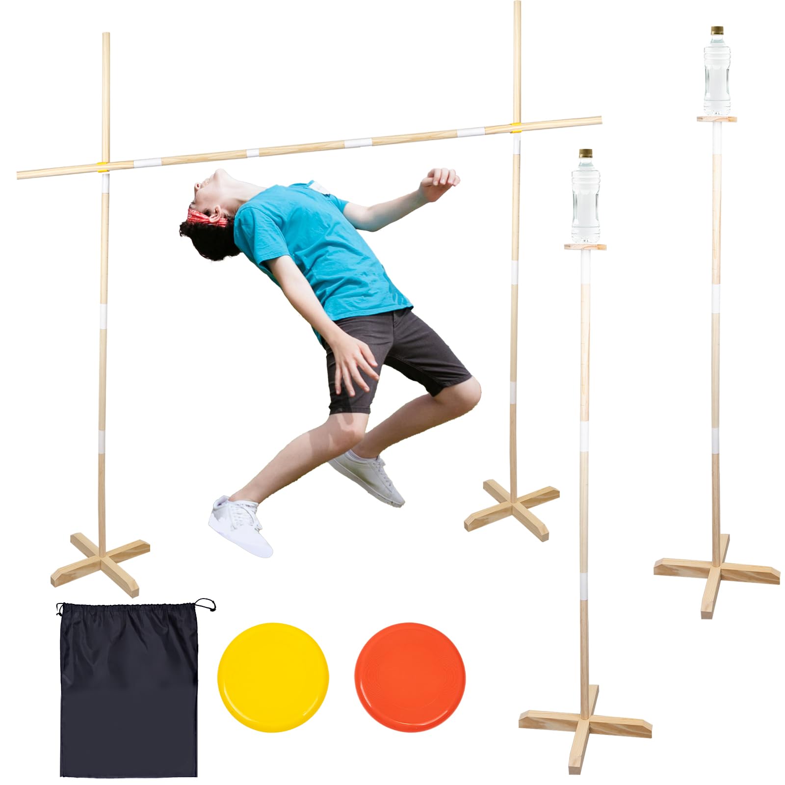 2-in-1 Wooden Limbo Game & Flying Disc Toss Set - 5ft Tall Limbo Stick Kit for Adults & Family - Backyard Lawn Games, Outdoor Party Activities - Includes Portable Carry Bag - Perfect for Picnics, Beach Parties and BBQ Gatherings