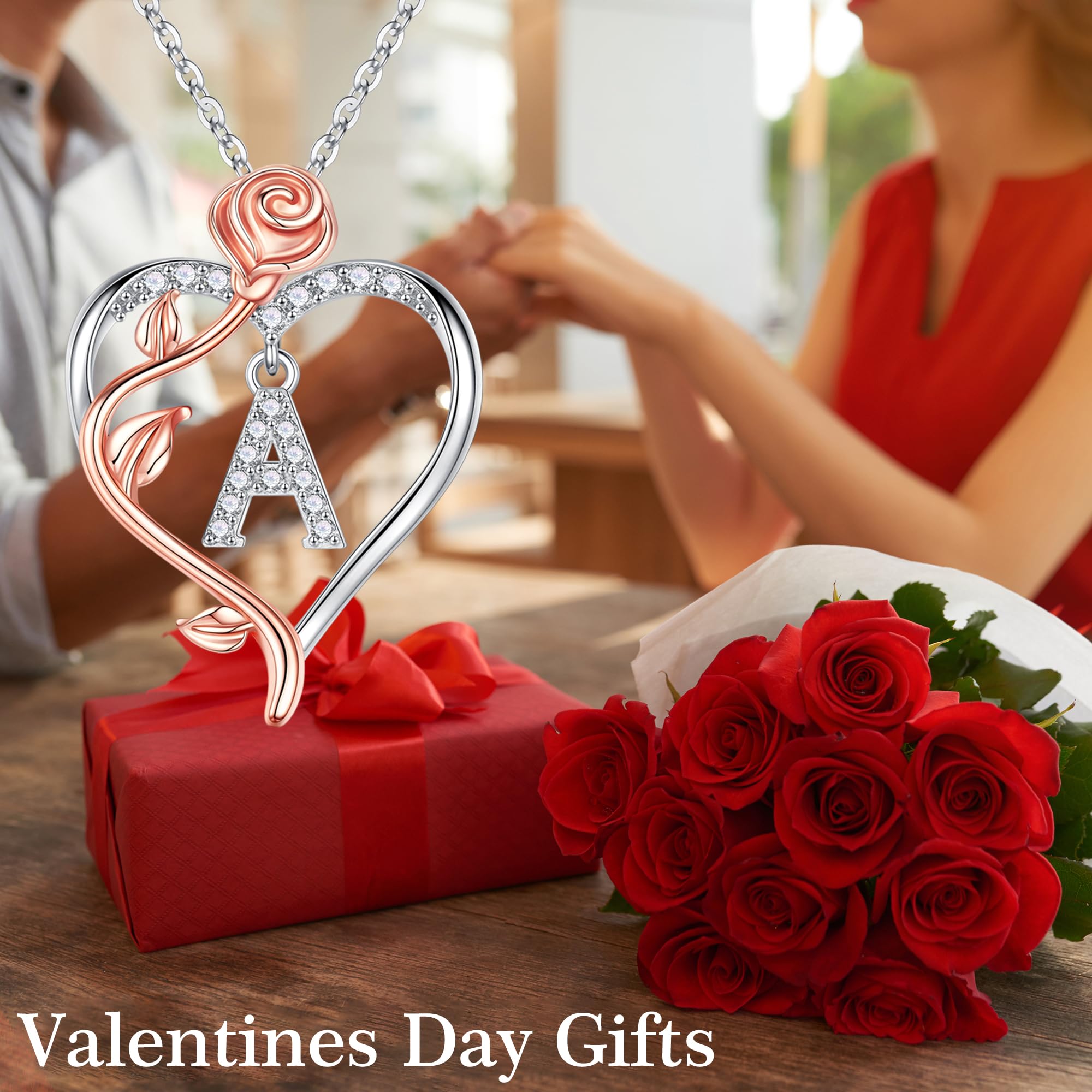 Rose Heart Necklace for Women - 925 Sterling Silver Initial Pendant, Personalized Anniversary Birthday Gift for Wife, Girlfriend, Mom | Perfect for Valentine's Day, Mother's Day & Romantic Occasions
