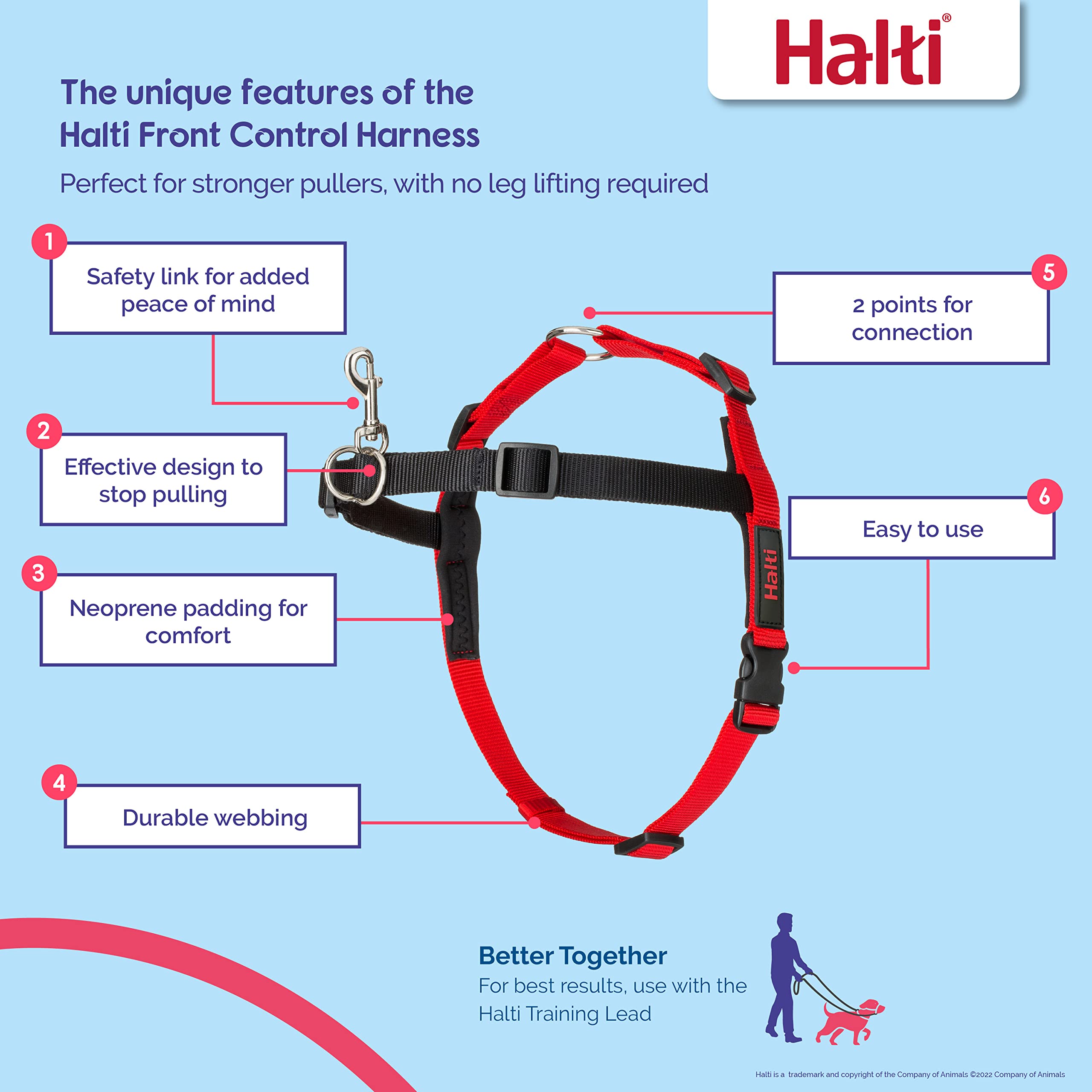 HALTI Front Control Dog Harness Medium & Training Leash Large - Adjustable No-Pull Solution for Medium Dogs | Lightweight Easy Walk System for Obedience Training | Perfect for Daily Walks, Jogging & Outdoor Adventures