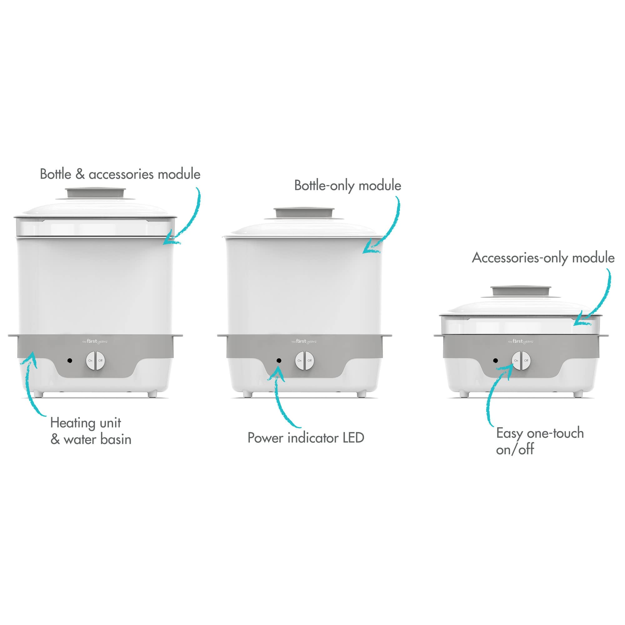 The First Years Modular Baby Bottle Sterilizer - Countertop Steam Sterilizer for Baby Bottles, Pacifiers & Breast Pump Parts - BPA-Free Baby Feeding Essentials - Perfect for Home, Travel & Daycare Use