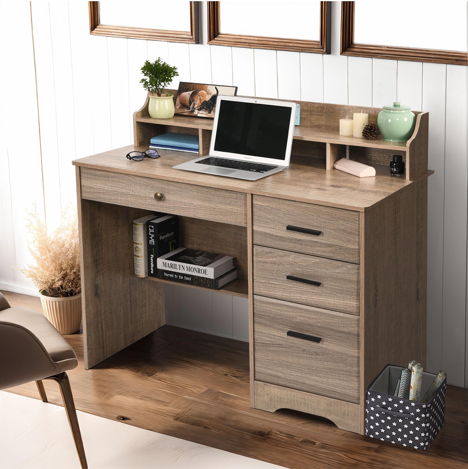 Catrimown Wooden Computer Desk with Drawers & Hutch - Home Office Desk for Small Spaces, Student Writing Table, Laptop Workstation - Perfect for Bedrooms, Dorm Rooms & Compact Home Offices (Grey)