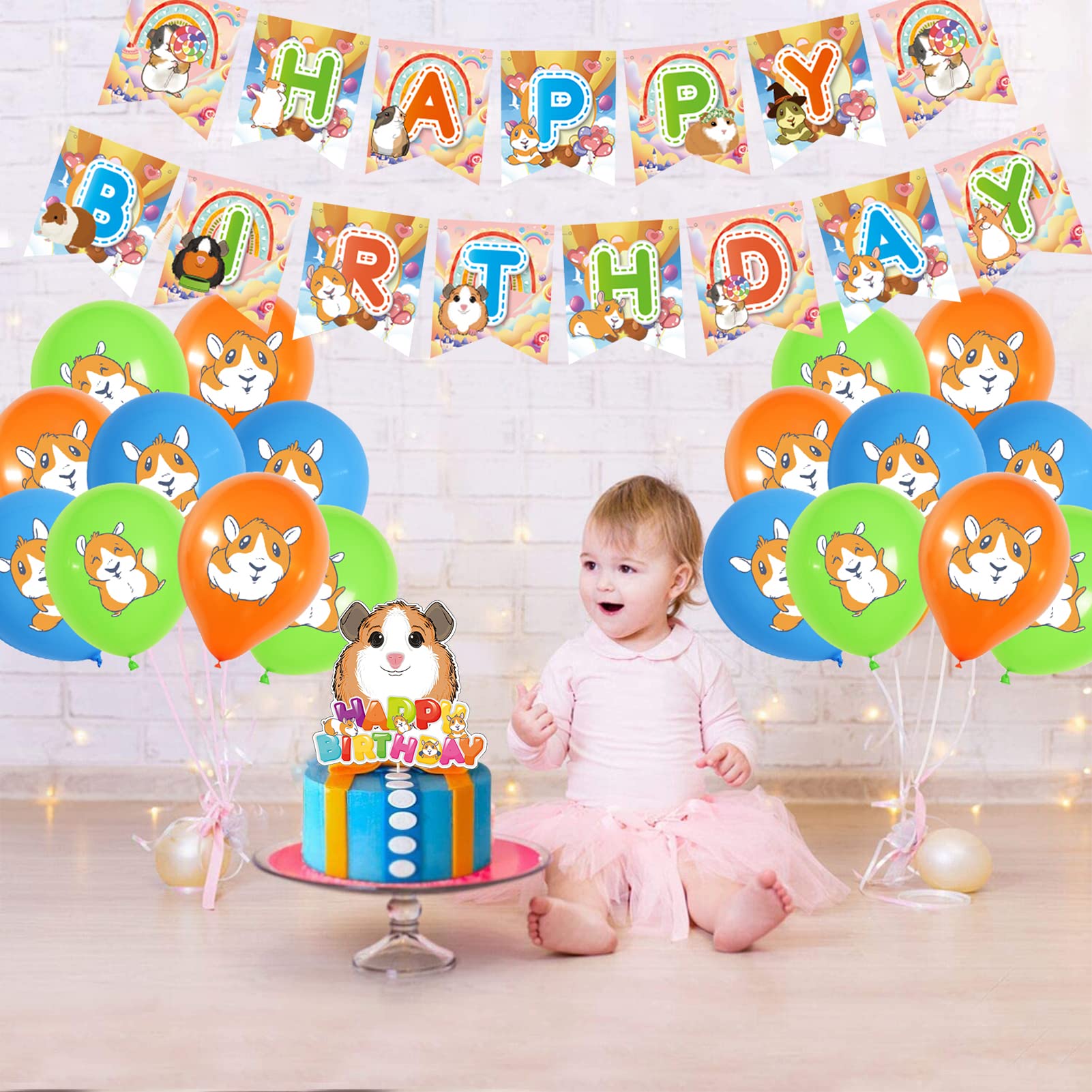 Guinea Pig Birthday Party Decorations - Kawaii Hamster & Pui Pui Cartoon Theme Party Supplies for Kids - Includes Happy Birthday Banner, Balloons & Cupcake Toppers - Perfect for Children's Birthday Celebrations & Small Animal Themed Parties
