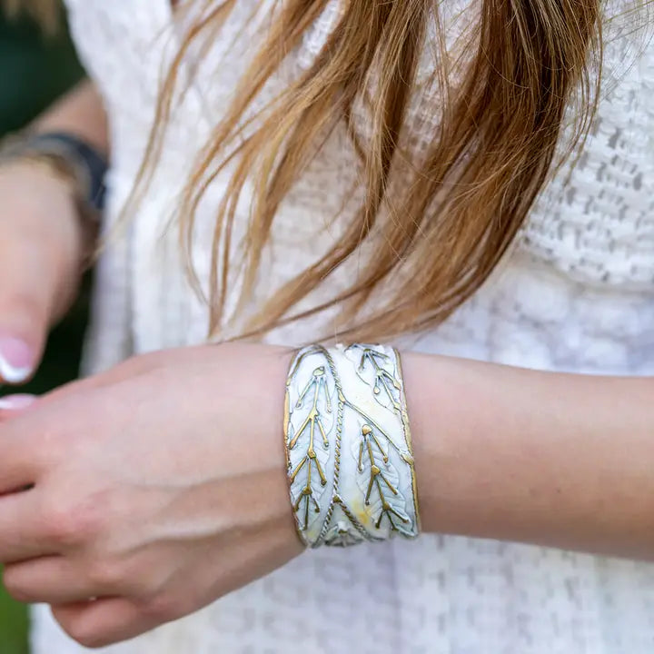 Vintage White Leaves Patina Cuff Bracelet - Boho Chic Handmade Jewelry for Women - Perfect for Casual Wear, Date Nights & Festival Outfits