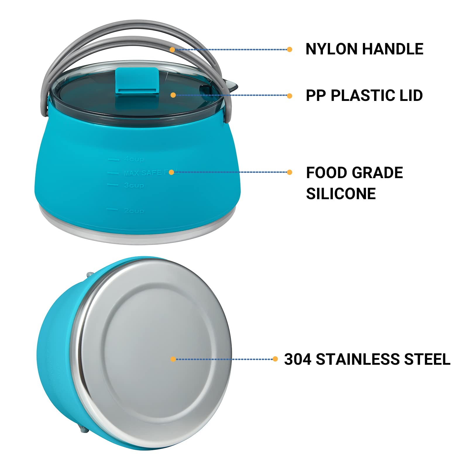 EEZEE Collapsible Camping Kettle - 1L Portable Silicone Travel Kettle with Lid & Blue Bowl - BPA-Free Foldable Water Boiler for Backpacking, Hiking & Outdoor Adventures - Compact Cook Pot for Camping, Picnics & Emergency Preparedness