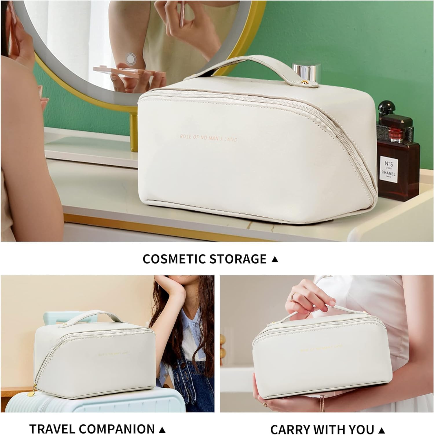 XASRVIR Women's Large Capacity Waterproof Makeup Bag - Travel Cosmetic Organizer with Flat Wide Opening (White, 5 Inch) - Perfect for Toiletries, Cosmetics & Travel Essentials | Ideal for Vacation, Business Trips & Daily Use
