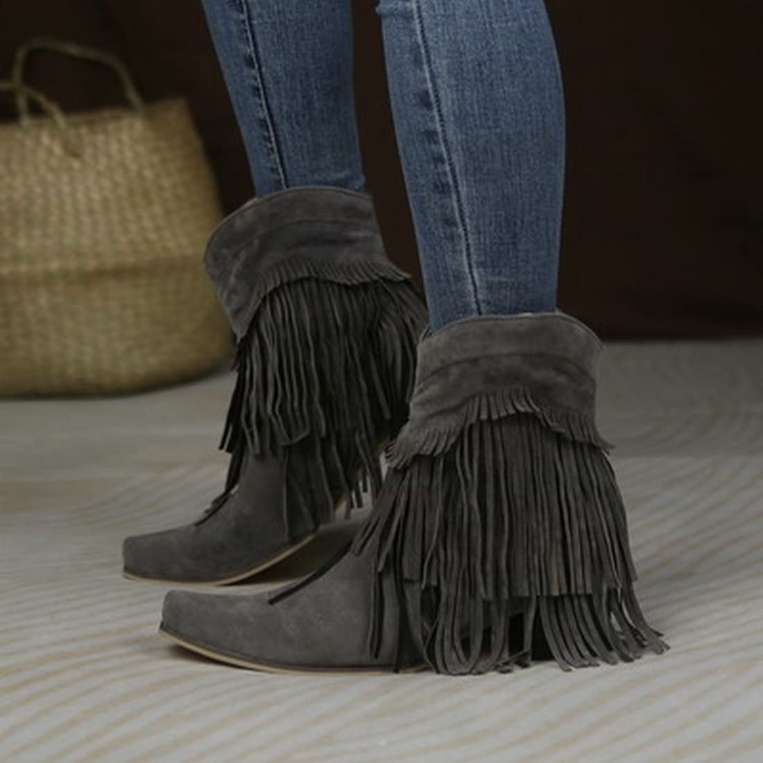 KiutSymo Women's Suede Cowgirl Boots with Fringe & Tassel - Snip Toe Ankle Boots for Western Style, Country Music Festivals & Rodeo Events
