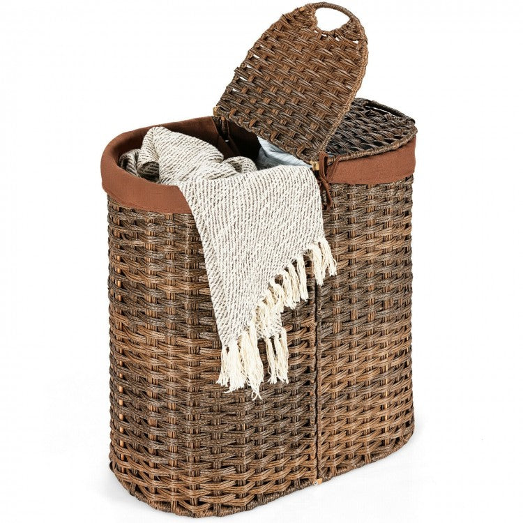 Handwoven Laundry Hamper Basket with 2 Removable Liner Bags - Natural Brown Storage Organizer for Bedroom, Bathroom & Closet - Perfect for Dirty Clothes & Towel Organization