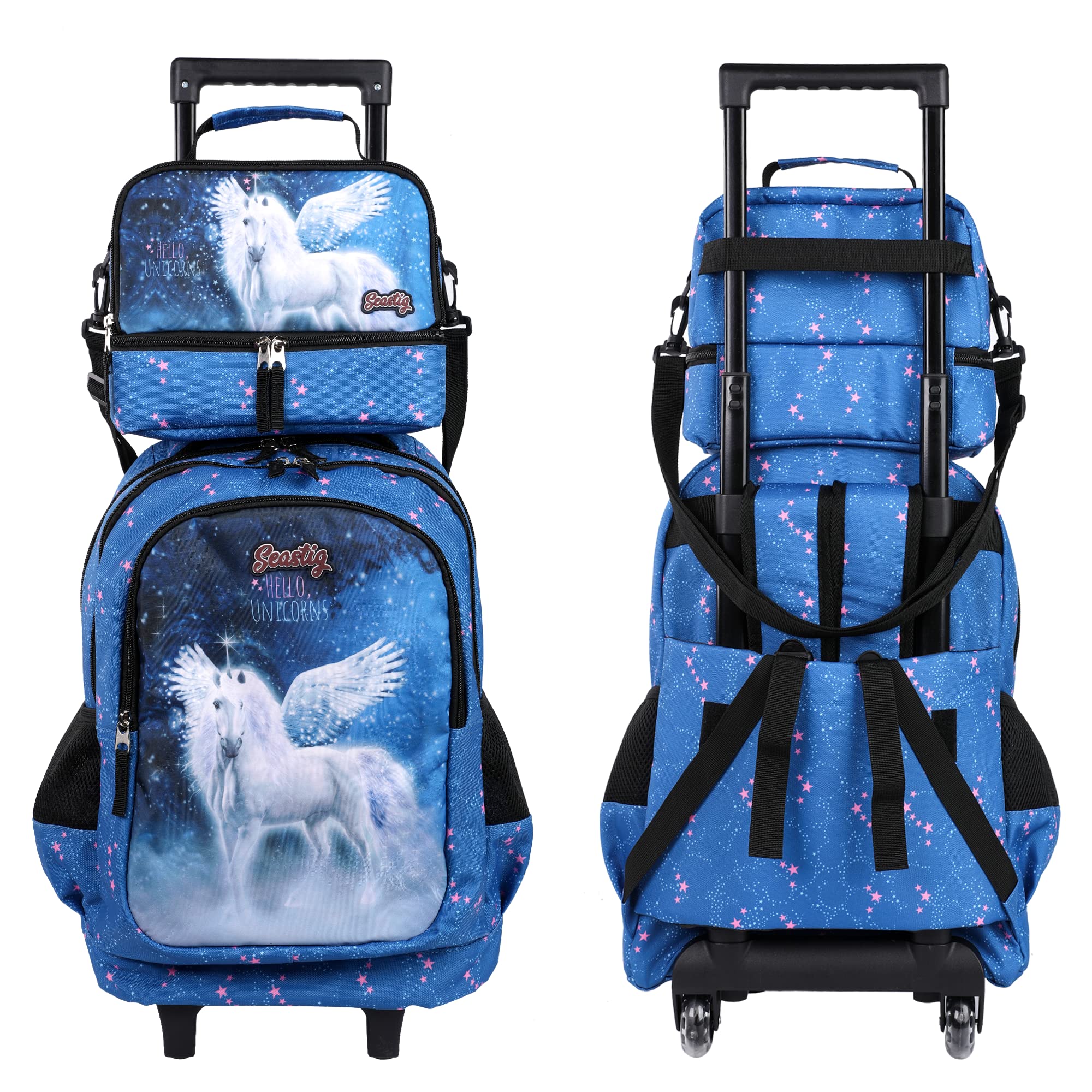 Seastig 18 Inch Rolling Backpack for Kids - Double Handle Wheeled Backpack with Lunch Bag Set | School Travel, Airplane Carry-On, Daily Commute for Boys & Girls