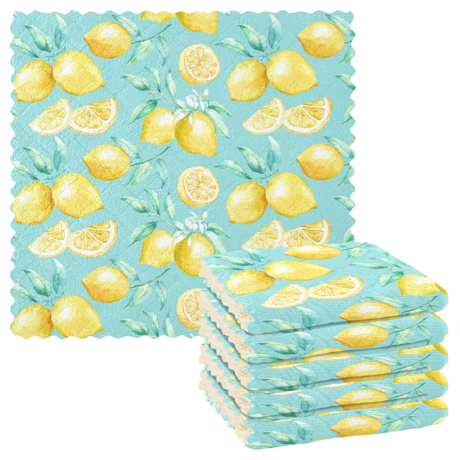 ZOEO Kitchen Dish Towels - Set of 6 Watercolor Lemon & Teal Leaf Microfiber Dishcloths (11x11 in) | Super Absorbent, Reusable Cleaning Cloths for Washing Dishes, Countertops & Kitchen Surfaces | Perfect for Daily Cleaning, Dish Drying & Home Decor