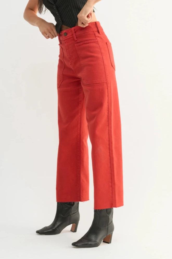 Wide Leg Utility Denim Pants for Women - Cranberry Wash | Comfortable Stretch Jeans with Pockets | Perfect for Casual Wear, Work & Outdoor Activities