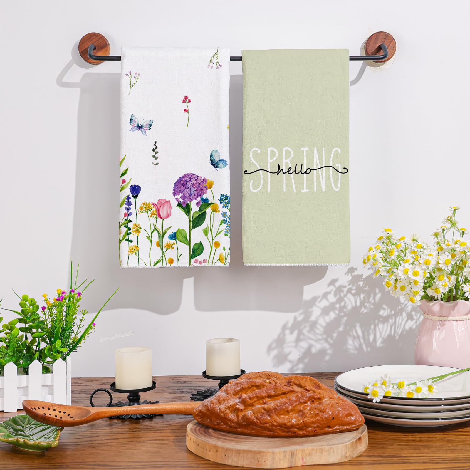 Premium 18x26 Inch Spring Summer Kitchen Towels Set of 2 - Floral Decor Dish Towels & Hand Towels for Home, Dish Drying & Seasonal Decor (Green) | Perfect for Farmhouse Kitchen, Bathroom & Summer Party Decorations