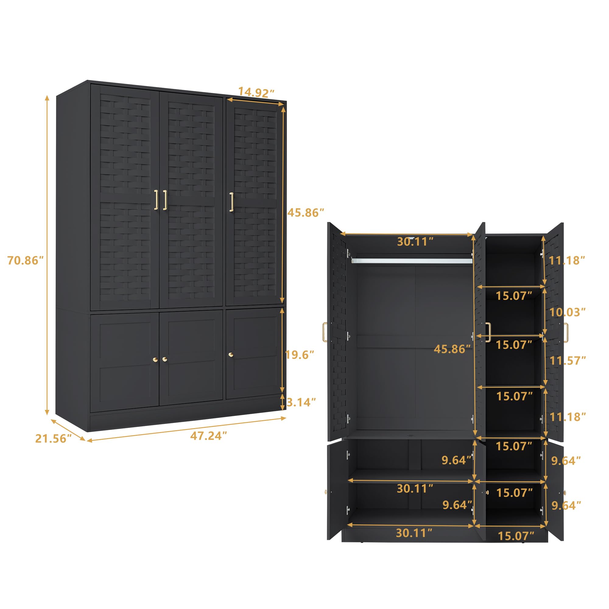 Large Wooden Armoire Wardrobe with 6 Woven Doors & 8 Shelves - Spacious Storage Cabinet with Metal Handles & Hanging Rod for Bedroom, Closet or Living Room Organization (Black)