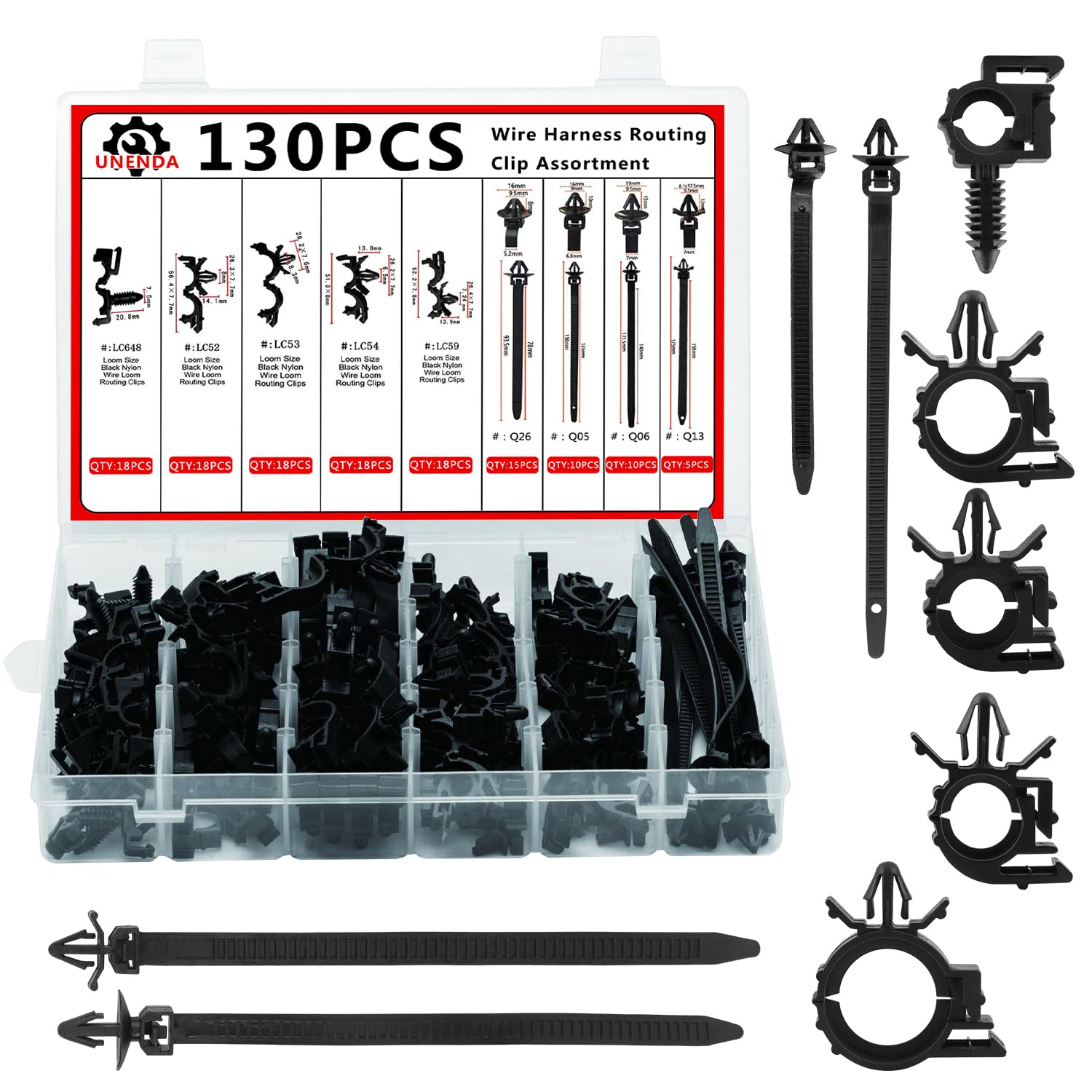 130PCS Car Wire Loom Clips Assortment Kit - 9 Sizes Automotive Harness Routing Clips with 40PCS Releasable Nylon Push Mounts & Tie Wraps - Compatible with Honda, GM, Mazda, Jeep Wrangler, Ford - Perfect for Wiring Organization & Cable Management in Vehicles