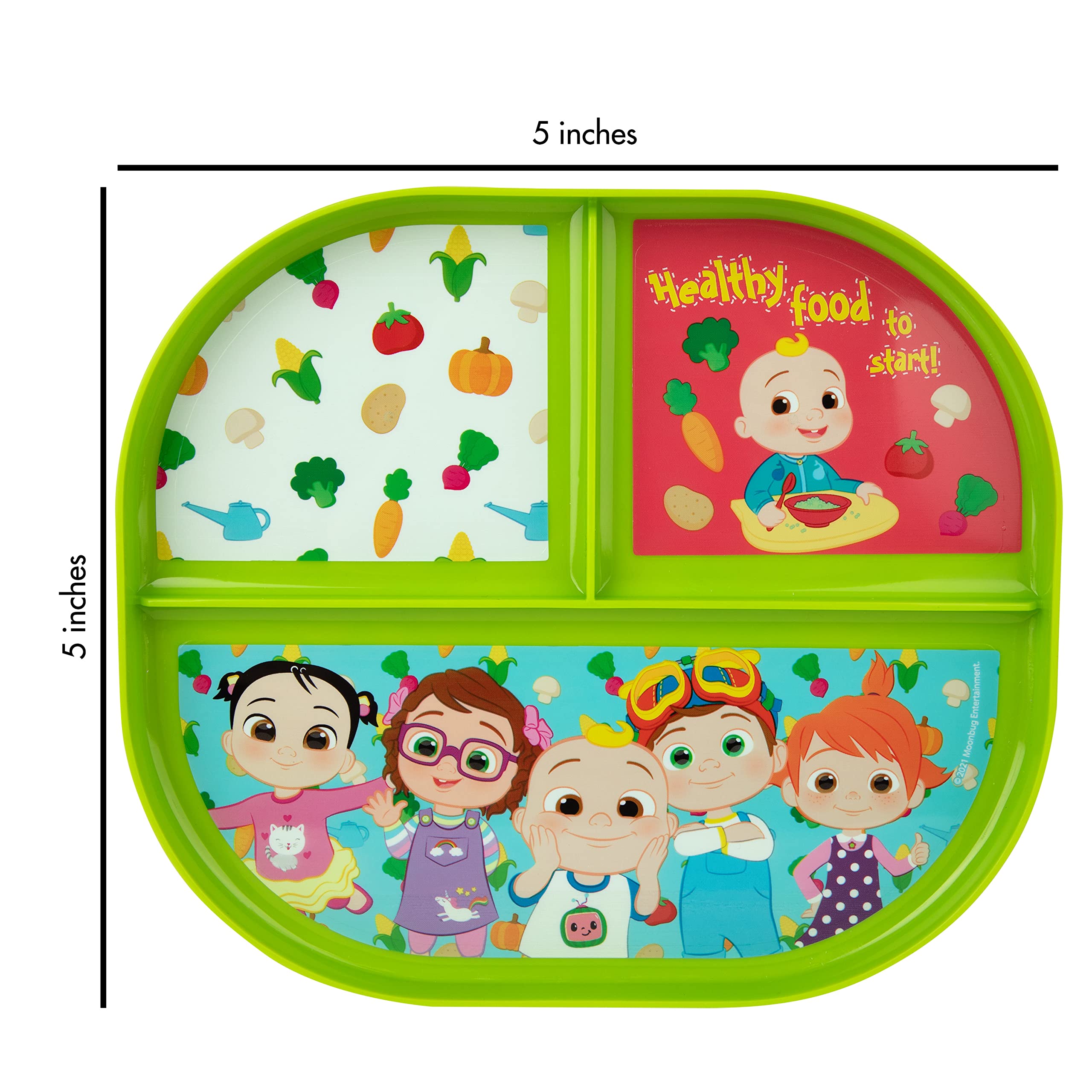 The First Years CoComelon Toddler Dinnerware Set - 2 Reversible Plastic Plates & 4 Textured Spoons for Babies - BPA-Free Kids Mealtime Essentials for Home, Daycare & Travel
