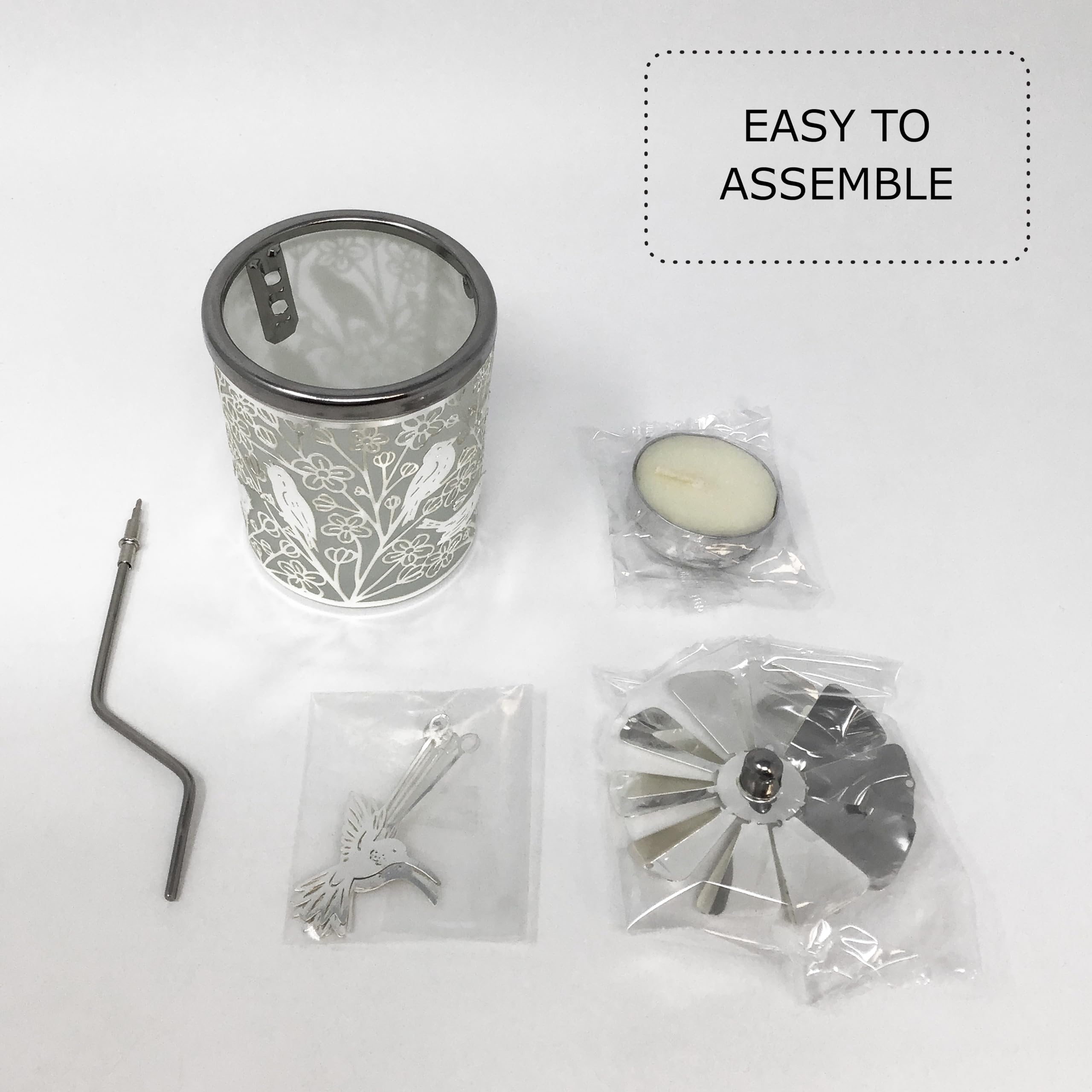 Spinning Hummingbird Candle Holder - Silver Birds Rotate Around Frosted Glass, 6.25