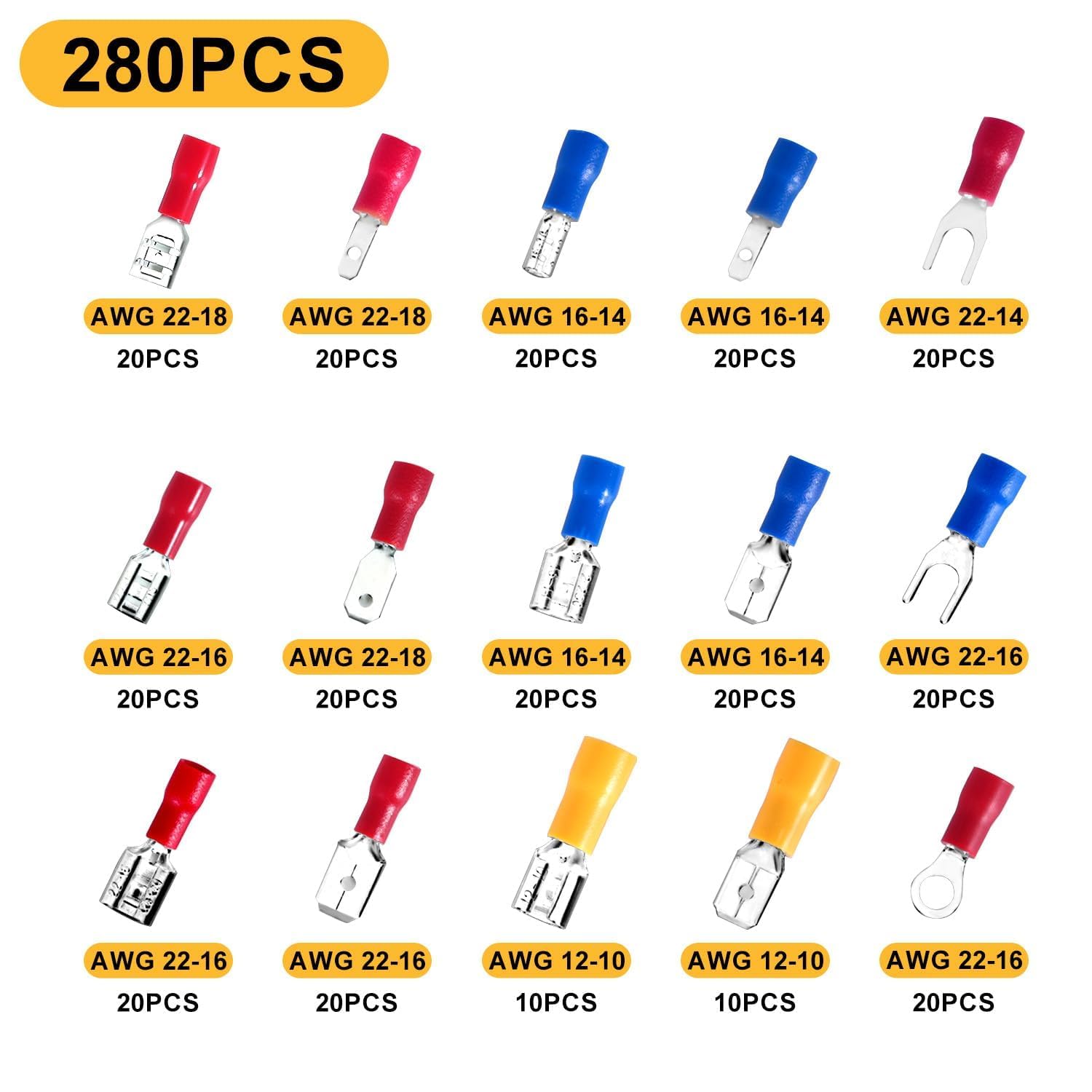 280PCS Insulated Wire Crimping Connector Kit - Ring, Fork, Shovel & Butt Terminals for Secure Electrical Connections | Perfect for Automotive, Home Wiring & DIY Electronics Projects