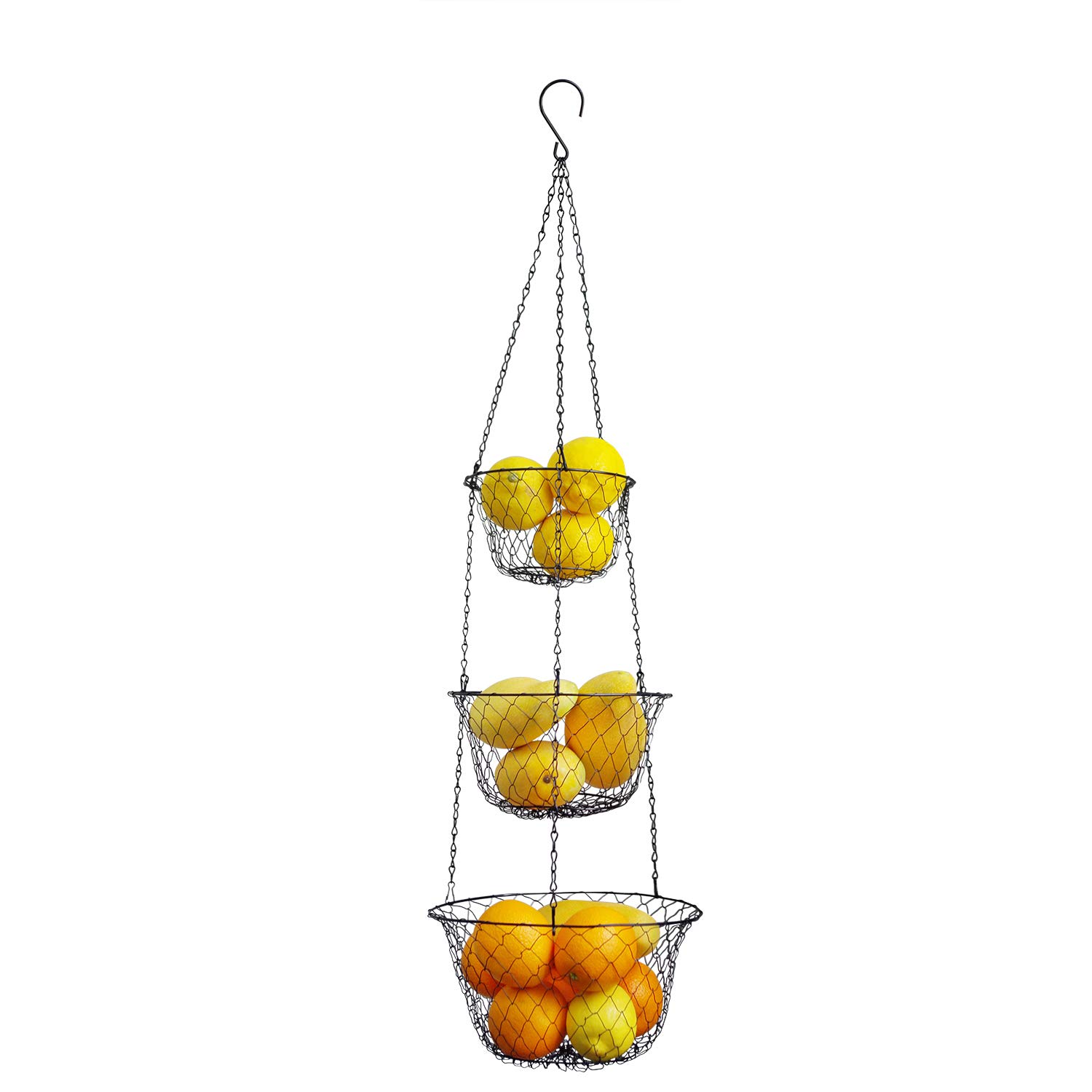 Malmo 3-Tier Wire Hanging Basket for Fruits & Vegetables - Black Iron Kitchen Storage Organizer - Perfect for Pantry, Countertop, or Wall Mount Storage