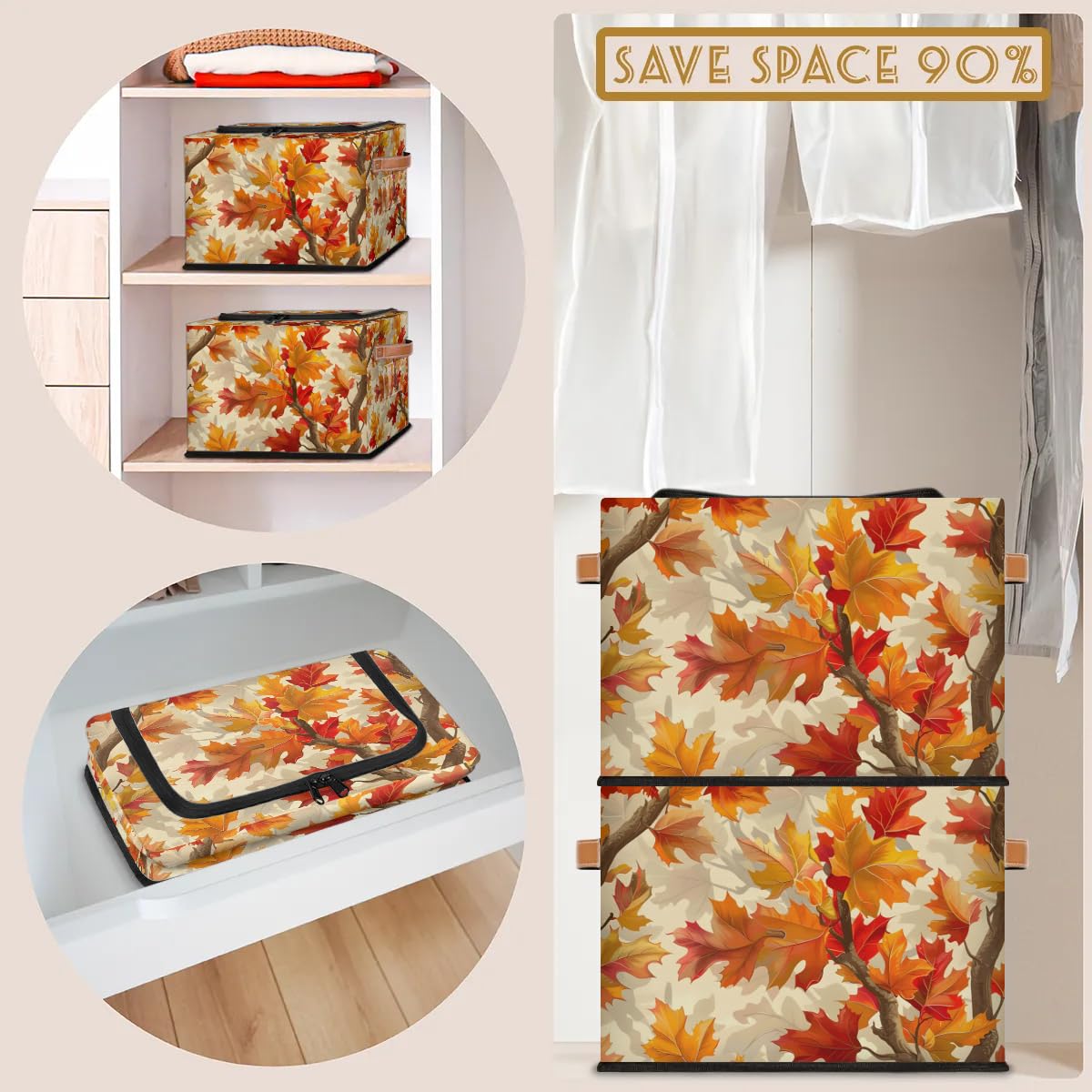 Collapsible Storage Bins with Lids - Foldable Fabric Storage Cubes for Clothes, Toys, Blankets | Dustproof Stackable Organizer for Closet, Nursery & Home Organization | Fall Leaves Maple Design for Seasonal Decor