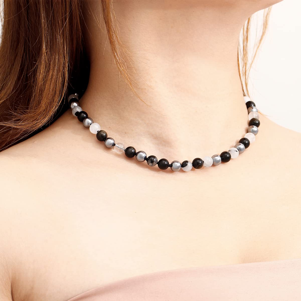 Natural Gemstone Choker Necklaces for Women & Men - Black Obsidian, Terahertz, Black Rutilated Quartz Crystal Beaded Healing Jewelry with Triple Protection | Spiritual Healing, Meditation & Energy Balancing Accessory