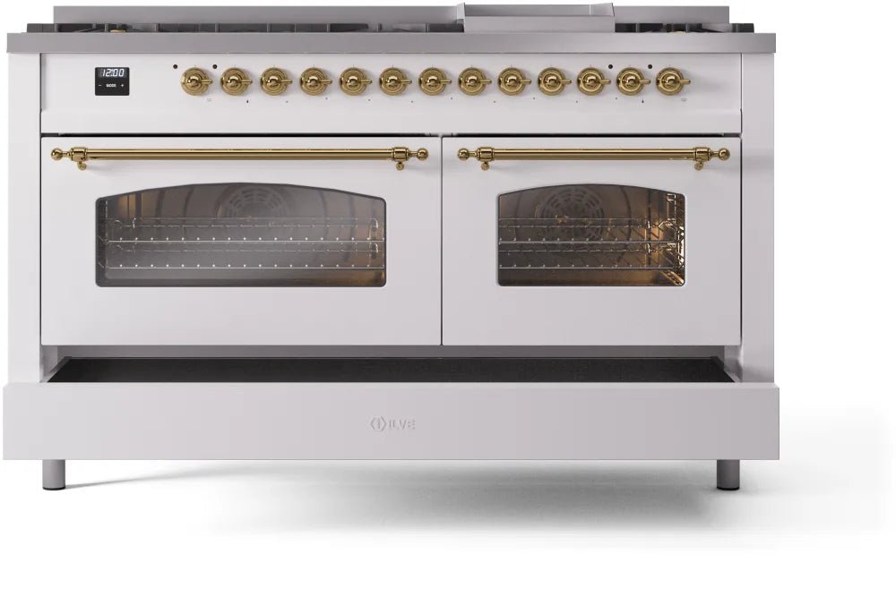 ILVE Nostalgie II 60-Inch Dual Fuel Natural Gas Range - White with Brass Trim (UP60FNMPWHG) | Professional Kitchen Appliance for Home Chefs & Cooking Enthusiasts