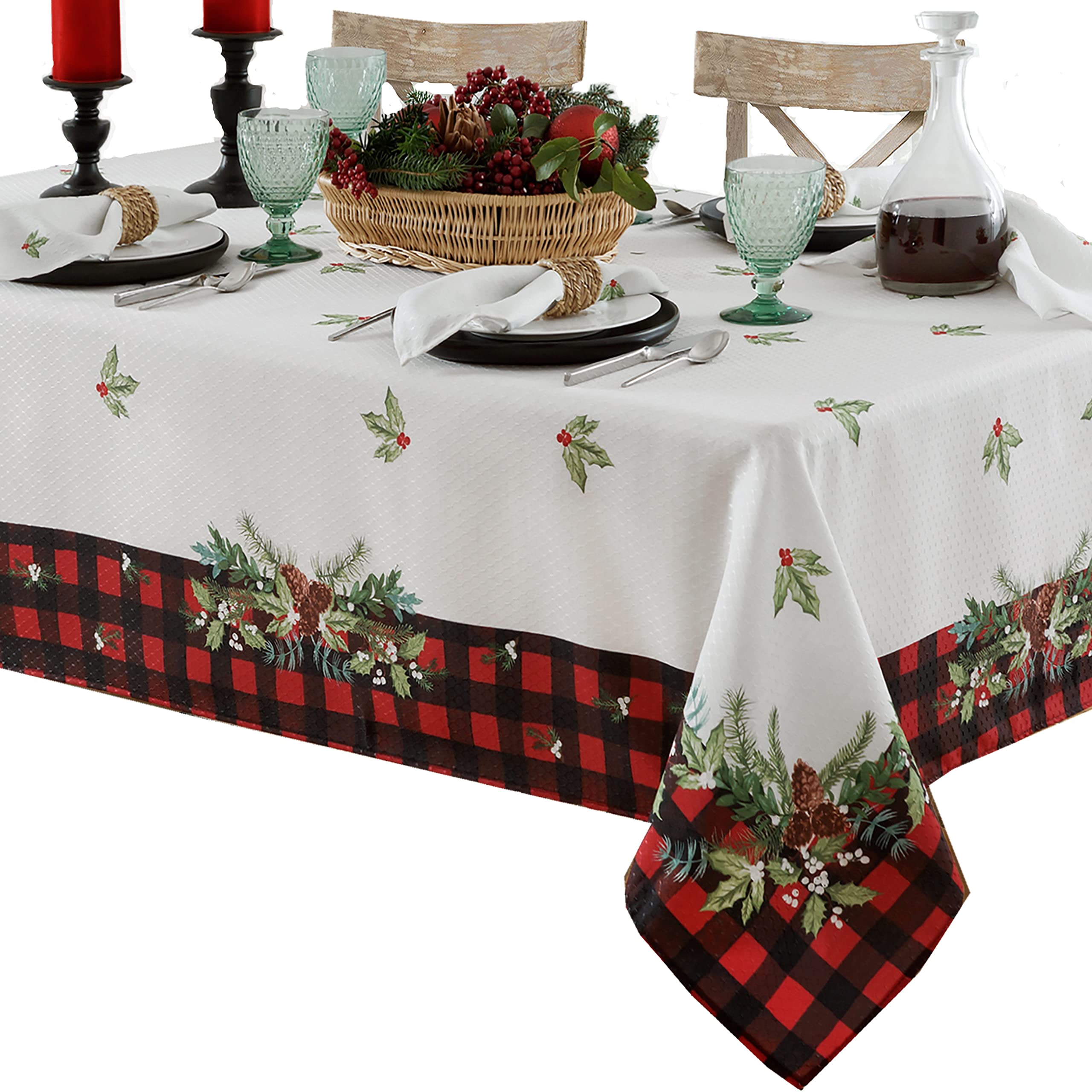 Lintex Aspen Red Black Plaid Christmas Tablecloth with Garland Border - 52x70 Inch Rectangular Holiday Table Cover for Dining Room Decor, Easy Care Fabric for Parties & Family Gatherings