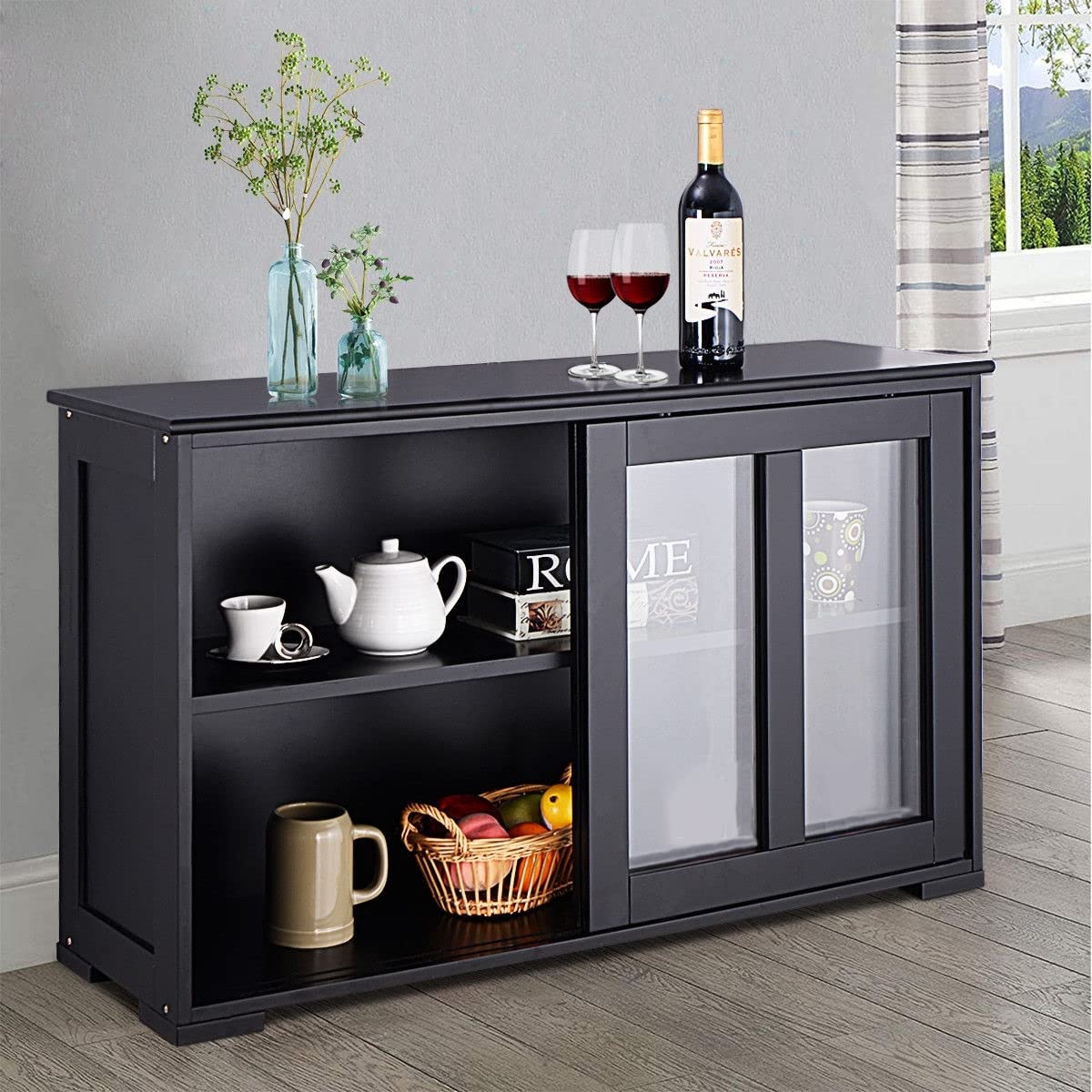 Buffet Server Cabinet with Sliding Doors & Drawers - Modern Kitchen Storage Sideboard for Dining Room, Living Room & Coffee Bar | Space-Saving Home Organizer for Entertaining & Daily Use - Black