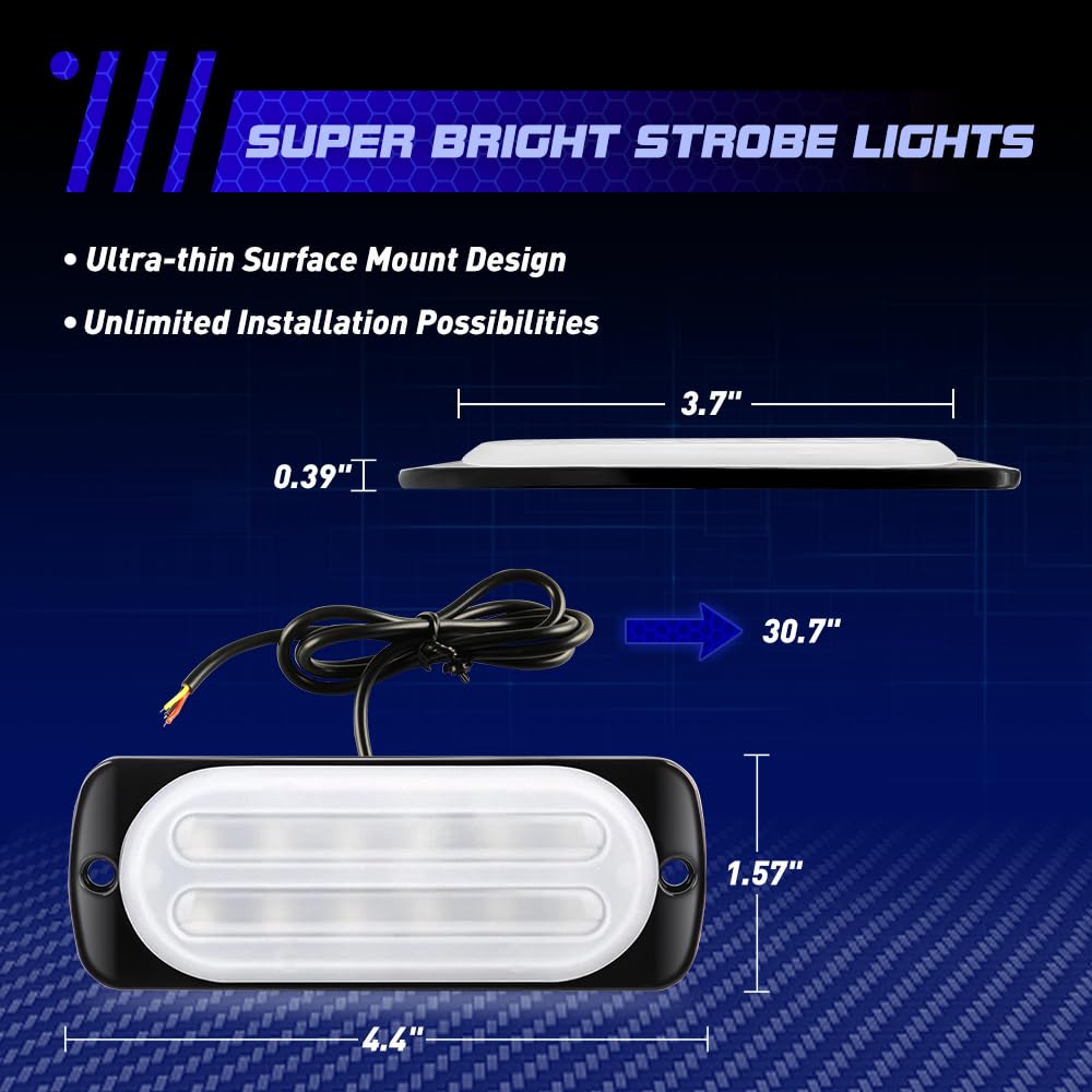 Sidaqi 4PCS 12LED Emergency Strobe Lights - Ultra Slim Surface Mount Flashing Hazard Lights for Vehicles 12-24V (Blue & White) - Perfect for Trucks, Emergency Vehicles & Construction Safety