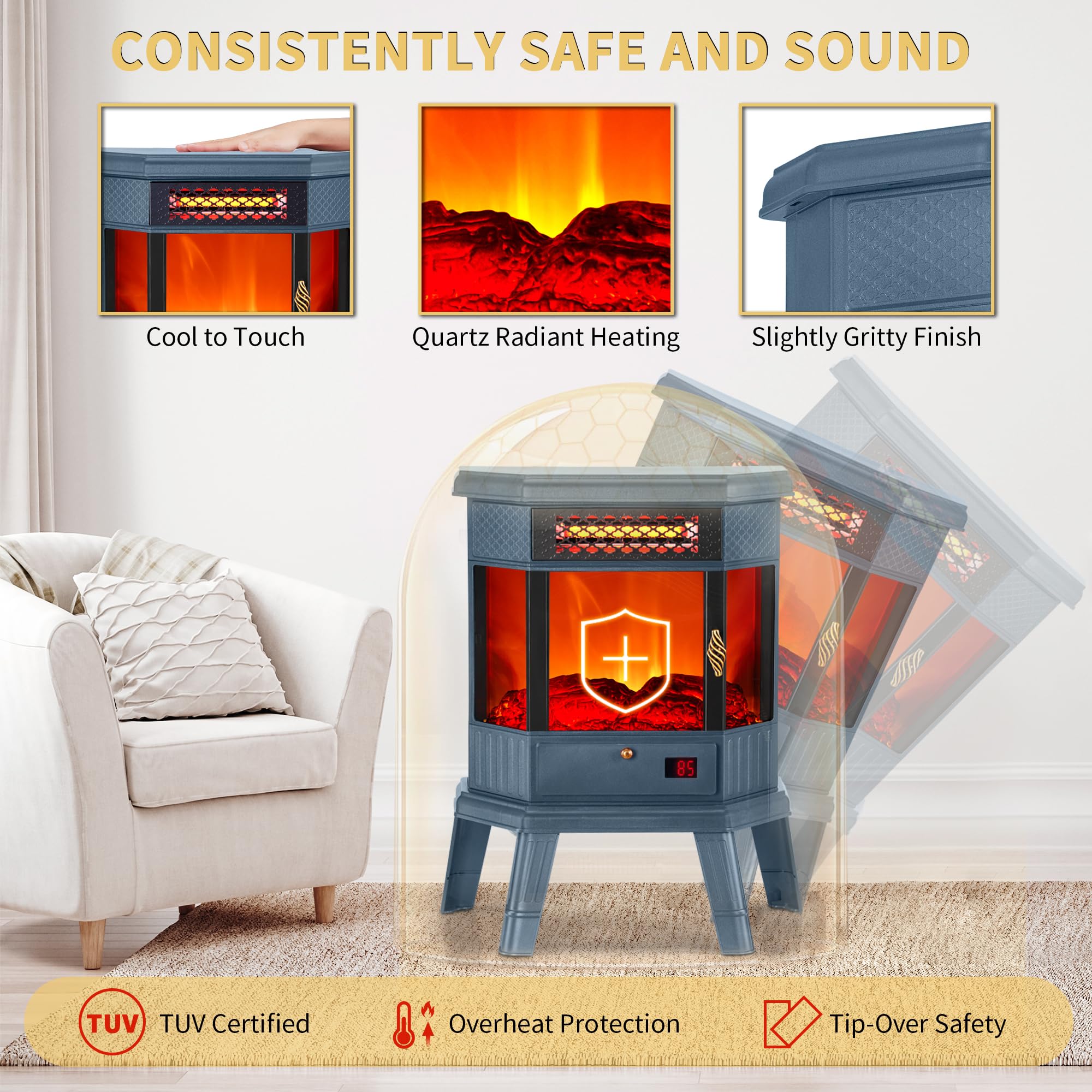 RealSmart 22-inch Freestanding Electric Fireplace Heater with 3D Flame Effect, Remote Control, Timer & Overheating Protection - Blue - Perfect for Bedroom, Living Room & Office Warmth