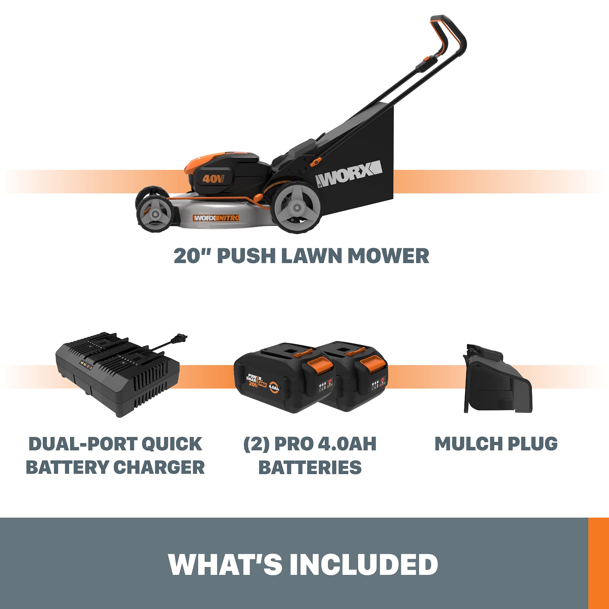 WORX WG751.3 40V Cordless Lawn Mower with 2x 4.0Ah Batteries - 20 Inch Cutting Width, Power Share Compatible (Black/Orange) - Perfect for Medium to Large Yards, Landscaping & Professional Lawn Care