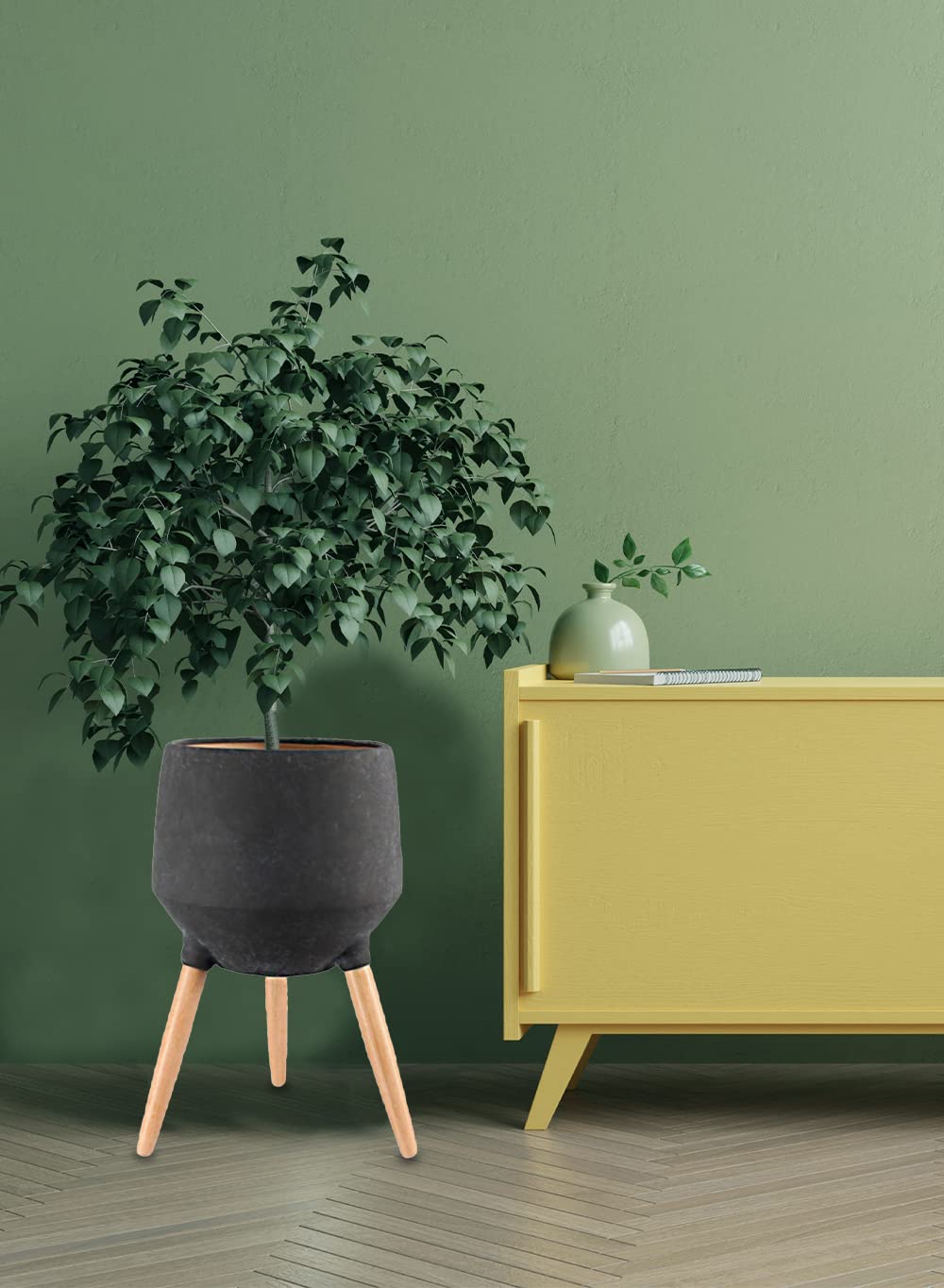Serene Spaces Black Ceramic Plant Stand with Beech Wood Legs - 21.75