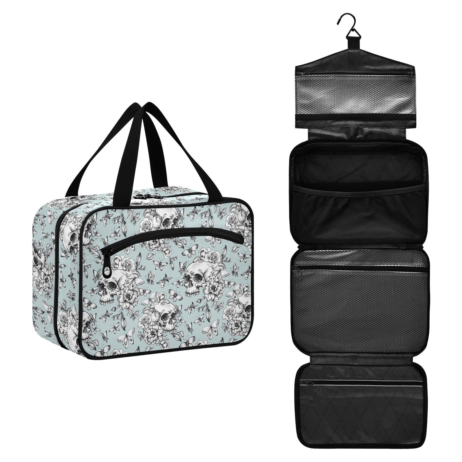 Gothic Vintage Skull Toiletry Bag for Women - Waterproof Hanging Travel Cosmetic Organizer with Clear Pockets - Perfect for Makeup, Bathroom Essentials & Camping Trips