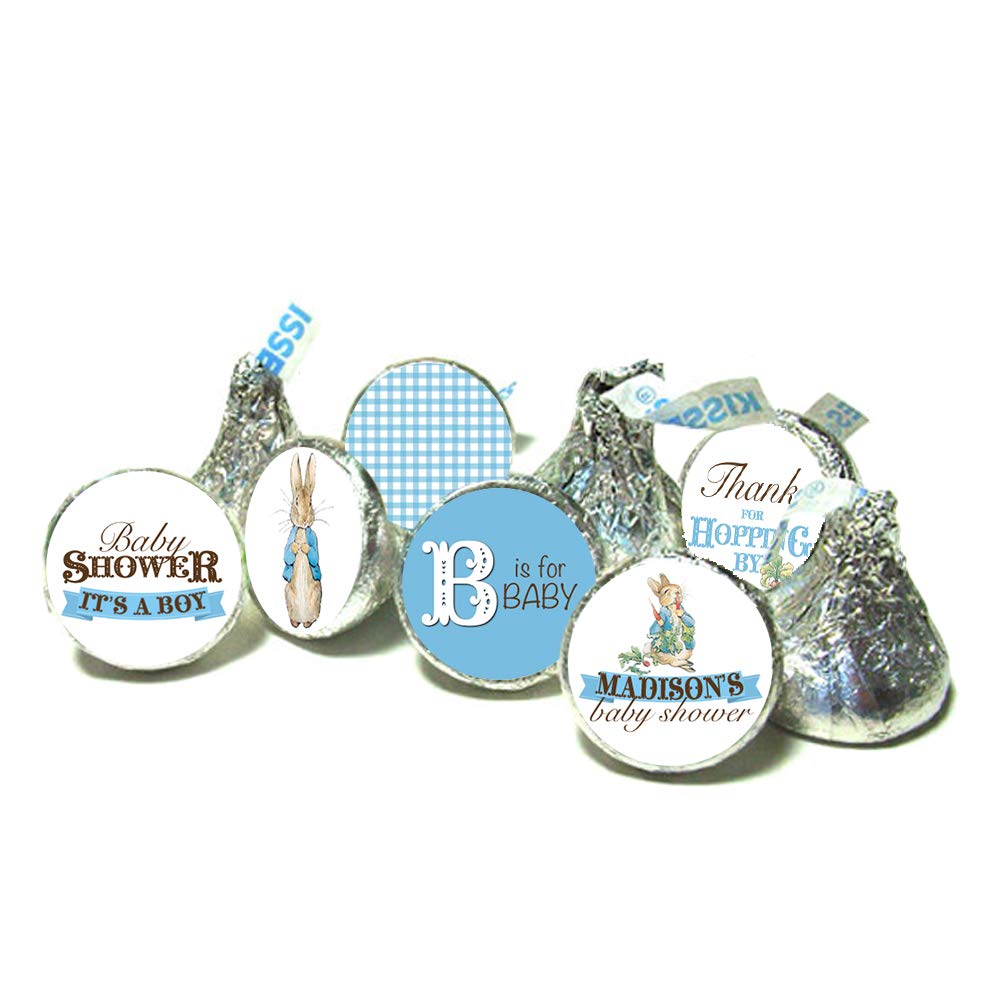 Personalized Beatrix Potter Peter Rabbit Baby Shower Kiss Stickers - 108 Peel & Stick Labels for Individually Wrapped Chocolates - Perfect for It's a Boy Party Favors, Gender Reveals & Newborn Celebrations